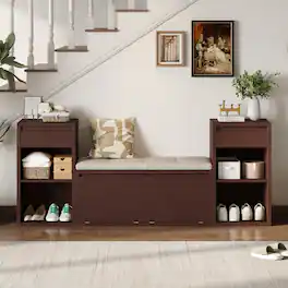 Ropilly - Entryway Storage Bench with Cushion Drawers and Open Shelves Wood Mudroom Shoe Bench for Hallway - Espresso