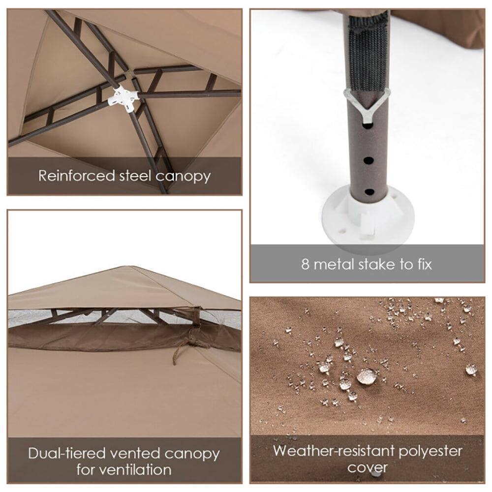 Reinforced steel canopy  
8 metal stakes to fix  
Dual-tiered vented canopy for ventilation  
Weather-resistant polyester cover