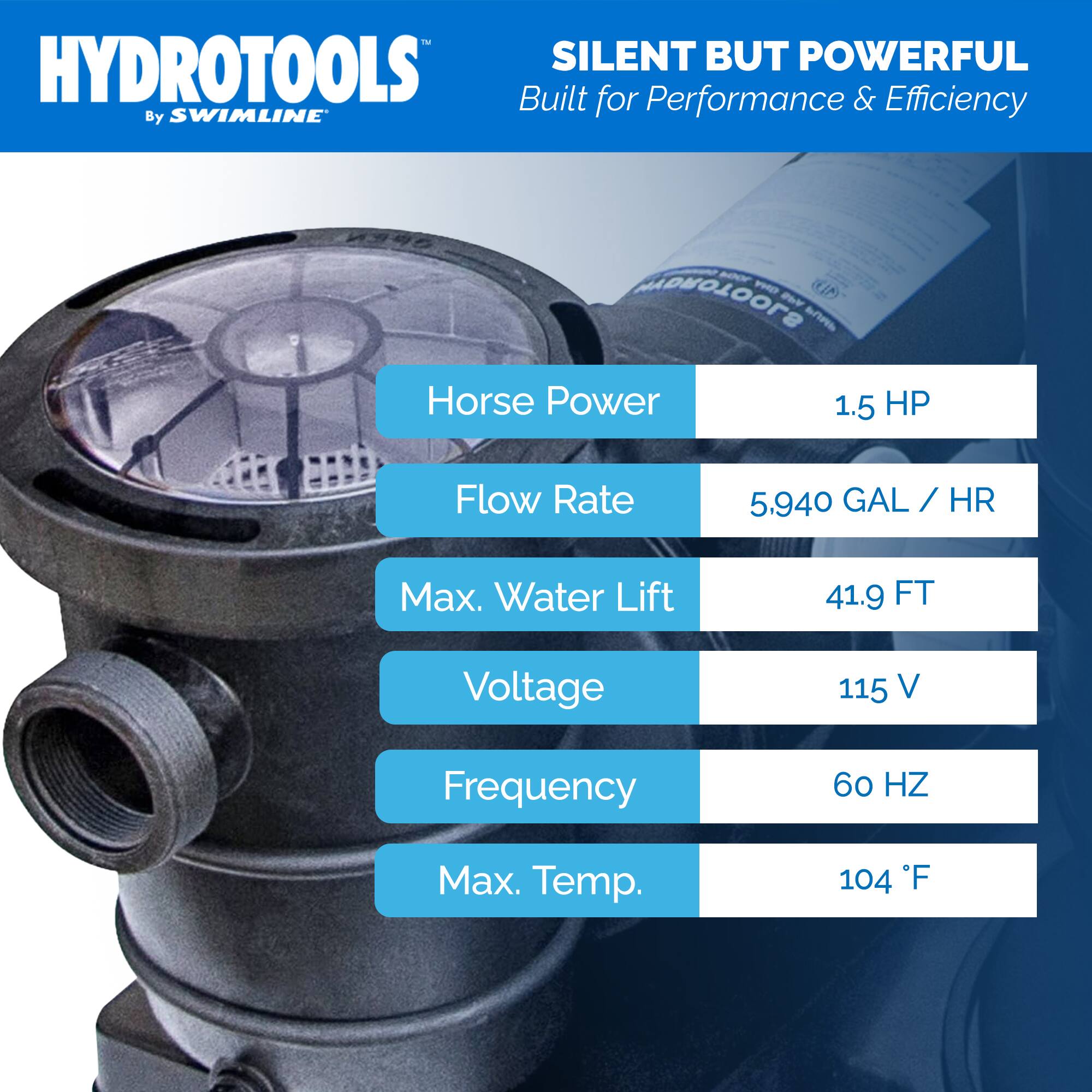 HYDROTOOLS  
By SWIMLINE  

SILENT BUT POWERFUL  
Built for Performance & Efficiency  

- Horse Power: 1.5 HP  
- Flow Rate: 5,940 GAL / HR  
- Max. Water Lift: 41.9 FT  
- Voltage: 115 V  
- Frequency: 60 HZ  
- Max. Temp.: 104 °F