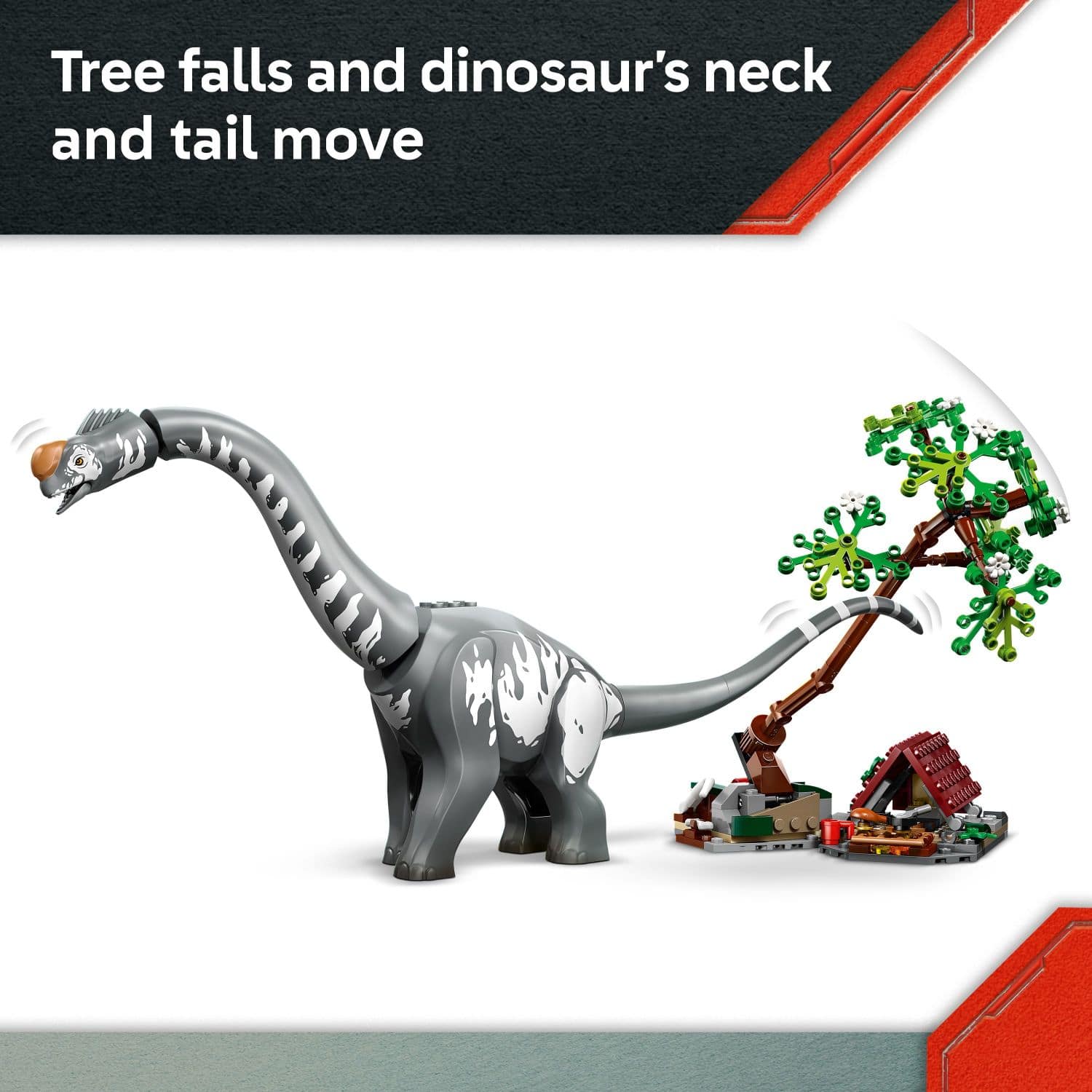 Tree falls and dinosaur's neck and tail move