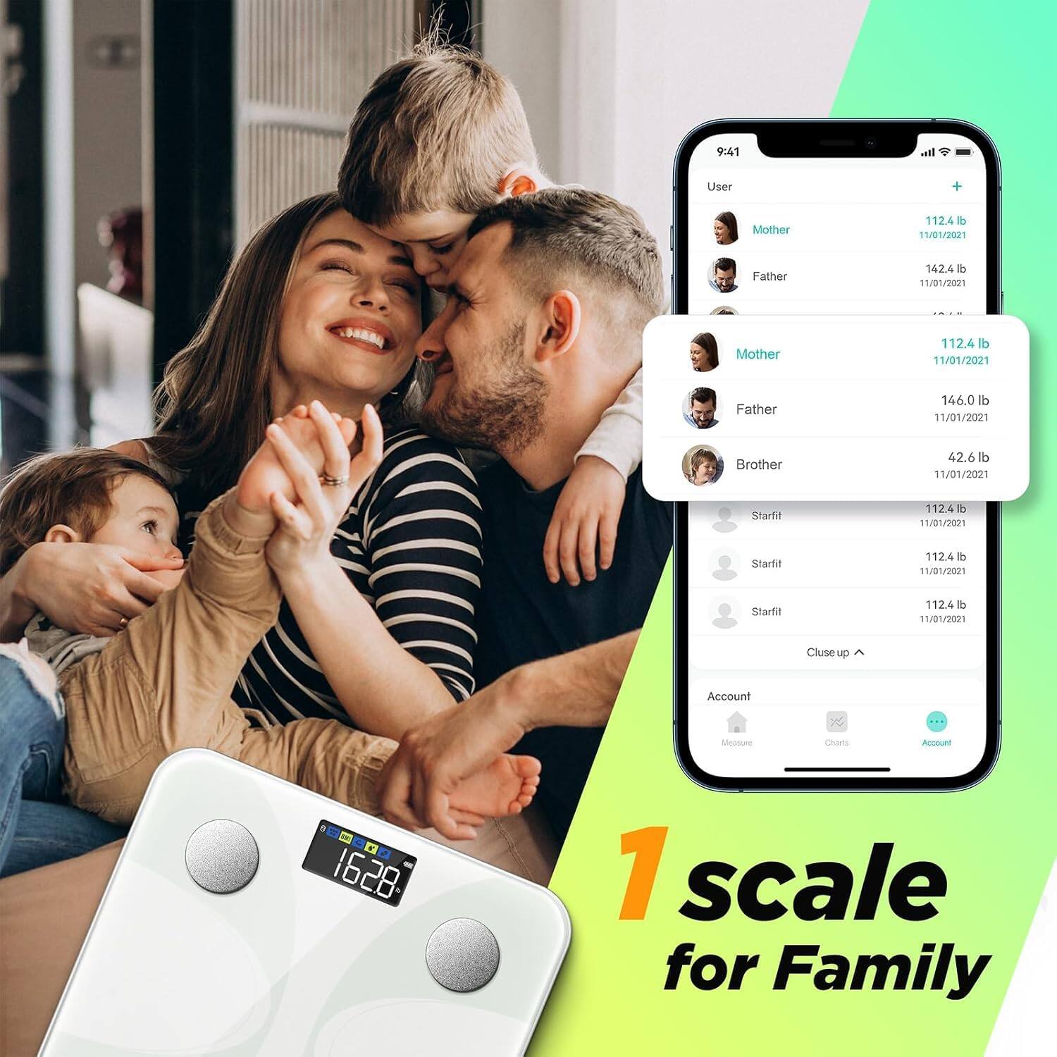 9:41

User
+
Mother
112.4lb 11/01/2021
Father
142.4lb 11/01/2021
Mother
112.4lb 11/01/2021
Father
146.0lb 11/01/2021
Brother
42.6lb 11/01/2021
Starfit
112.4lb 11/01/2021
Starfit
112.4lb 11/01/2021
Starfit
112.4lb 11/01/2021

Cluse up ^
Account
Measure
Chats
Account
1628

1 scale for Family