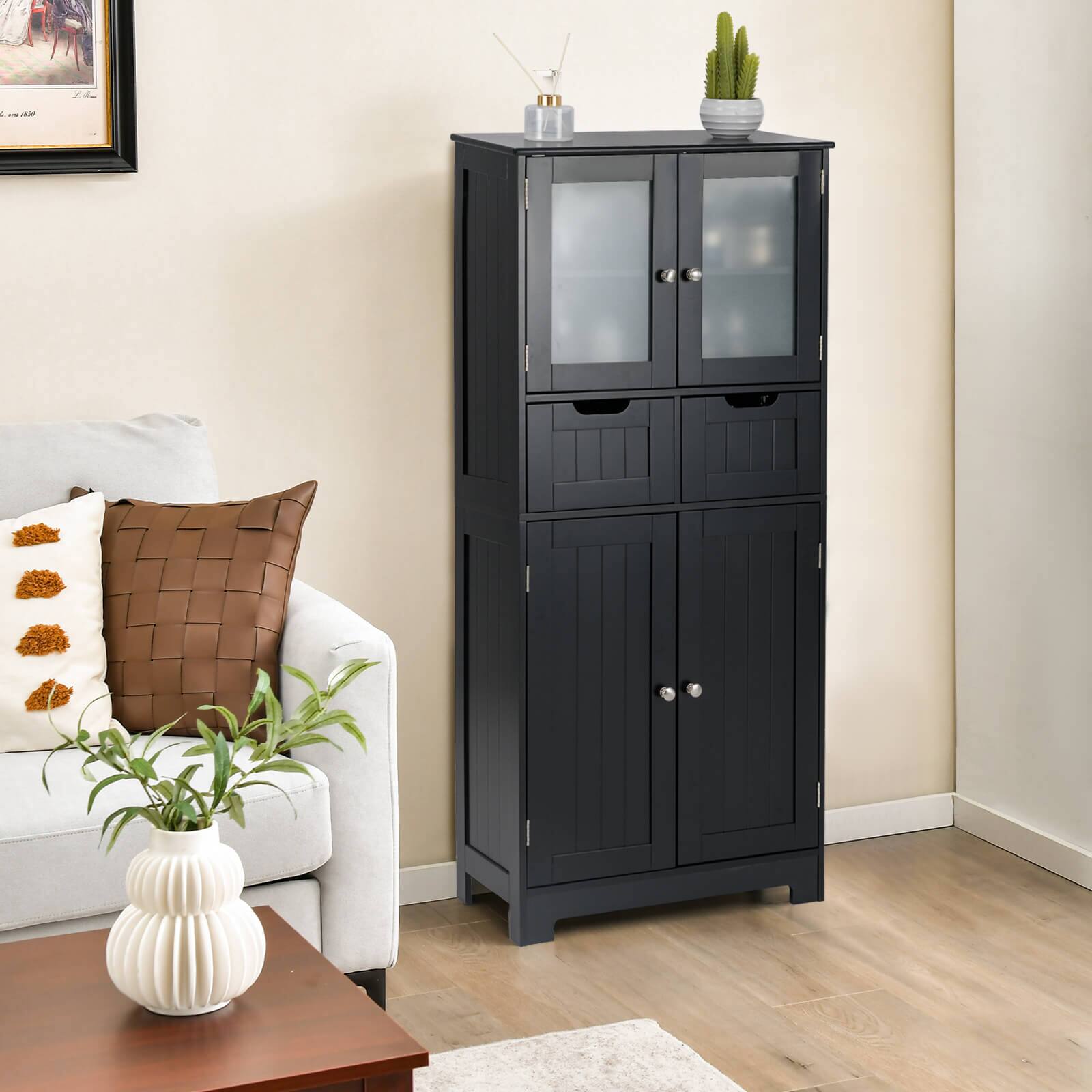Alt View 3. Costway - Costway Bathroom Floor Storage Cabinet Kitchen Cupboard with 2 Drawers & Glass Doors Black - Black.