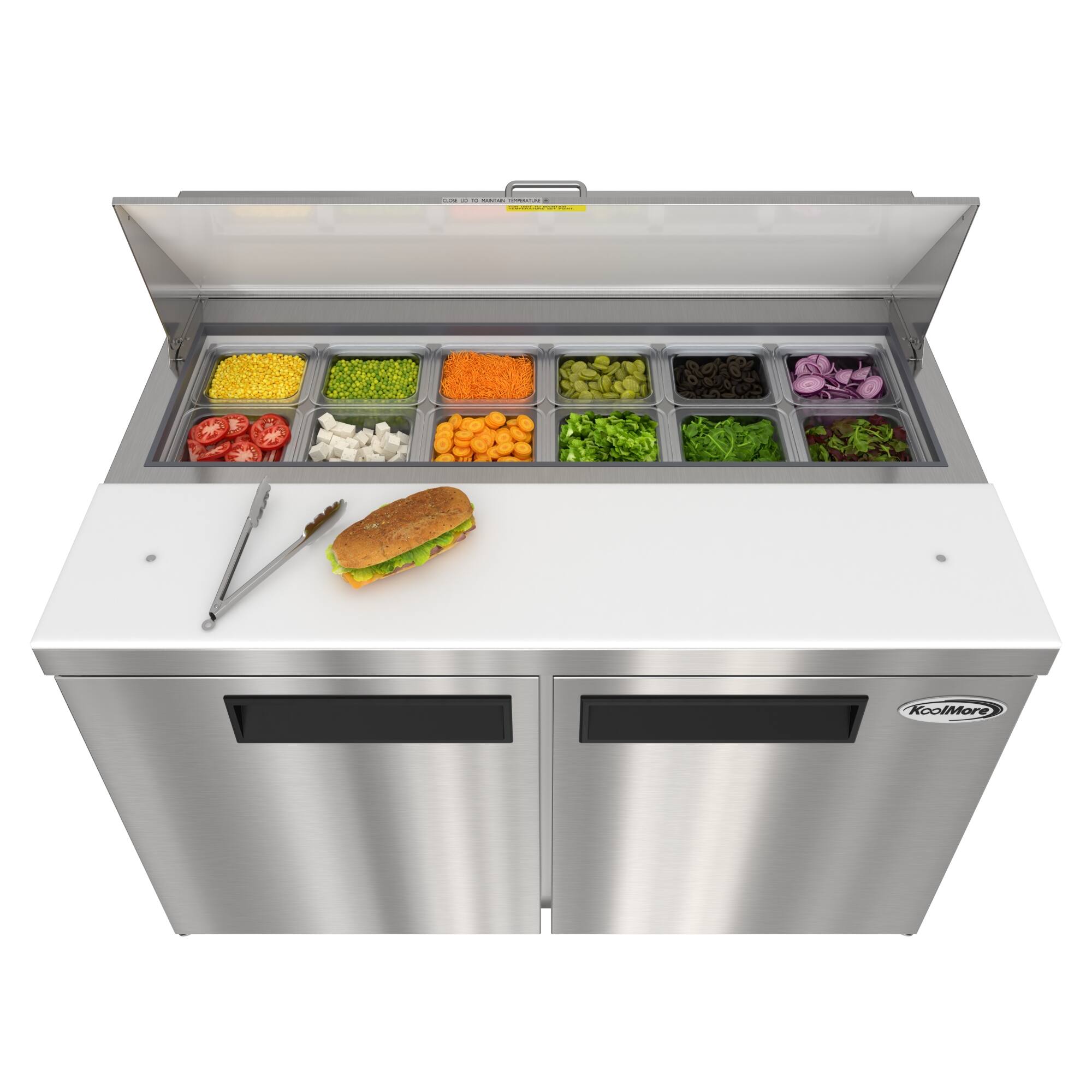 KoolMore

CLOSE DOOR TO REFRIGERATE

- Corn
- Green Peas
- Carrots
- Olives
- Mushrooms
- Tomatoes
- Cheese
- Lettuce
- Spinach
- Onions
- Bread
- Tongs
- Knife