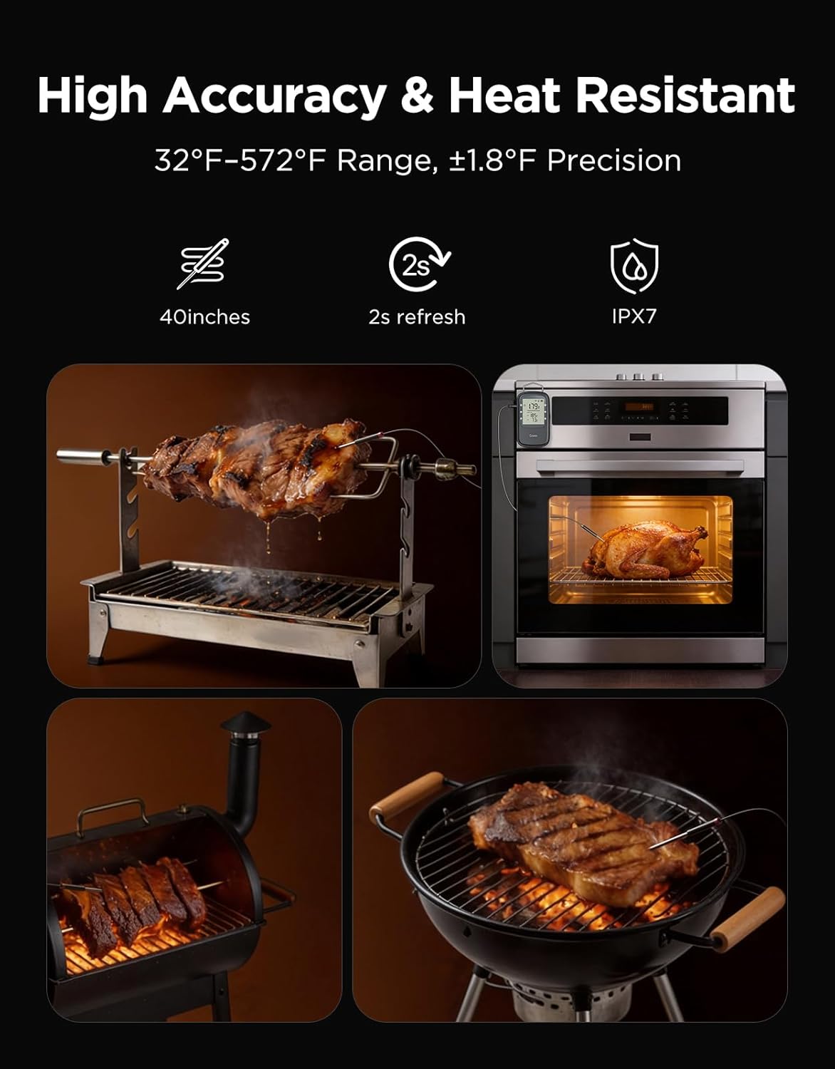 High Accuracy & Heat Resistant  
32°F-572°F Range, ±1.8°F Precision  
40 inches  
2s refresh  
IPX7