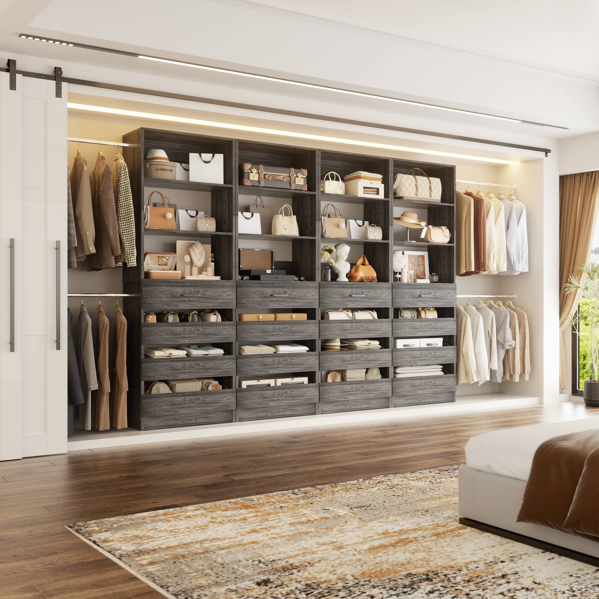 Left. Aheaplus - 4-Pack Modular Closet System, 4-36ft Expandable Wardrobe Organizer with 16 Drawers & Hanging Rods,Ships in 4 Packages - Gray Oak.