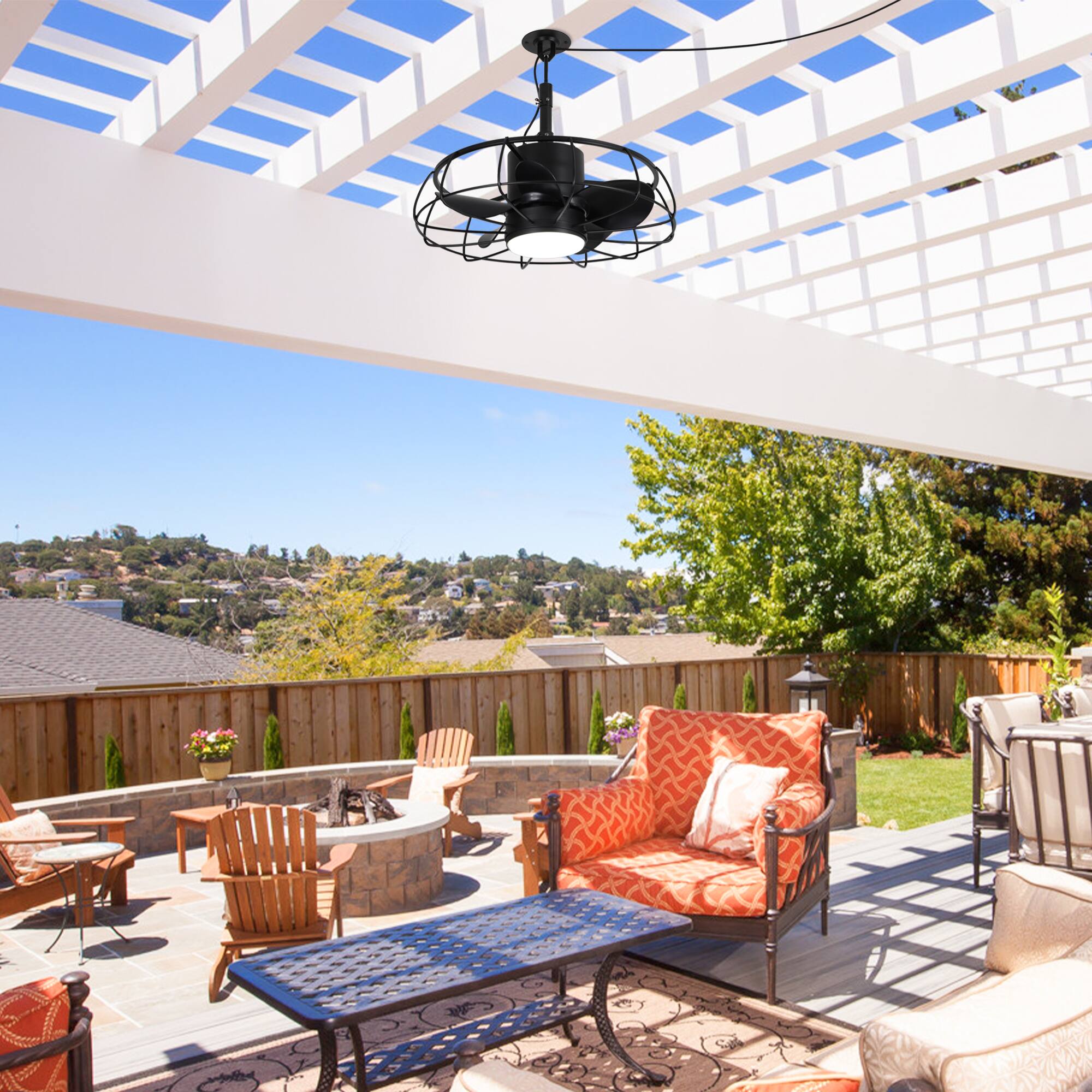 Left. Parrot Uncle - 20" Industrial Black Wet Hook Outdoor Caged Ceiling Fan with Light and Remote - Black.