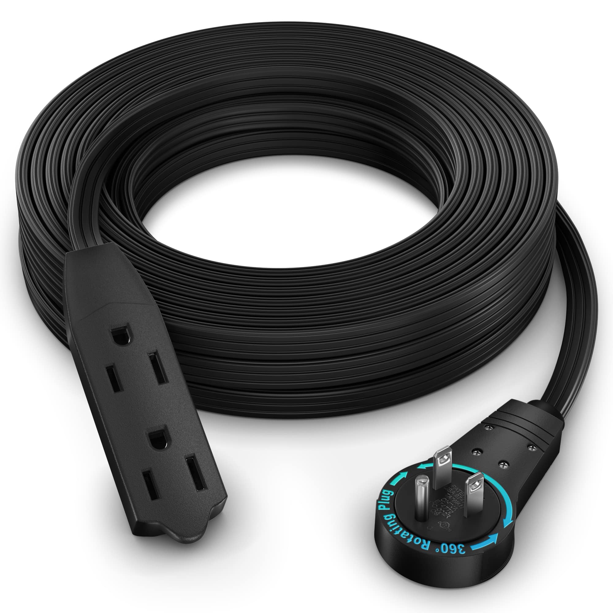 Maximm - 50 Ft 360° Rotating Flat Plug Extension Cord / Wire, 16 AWG Multi 3 Outlet, 3 Prong Grounded Wire - UL Certified - Black
