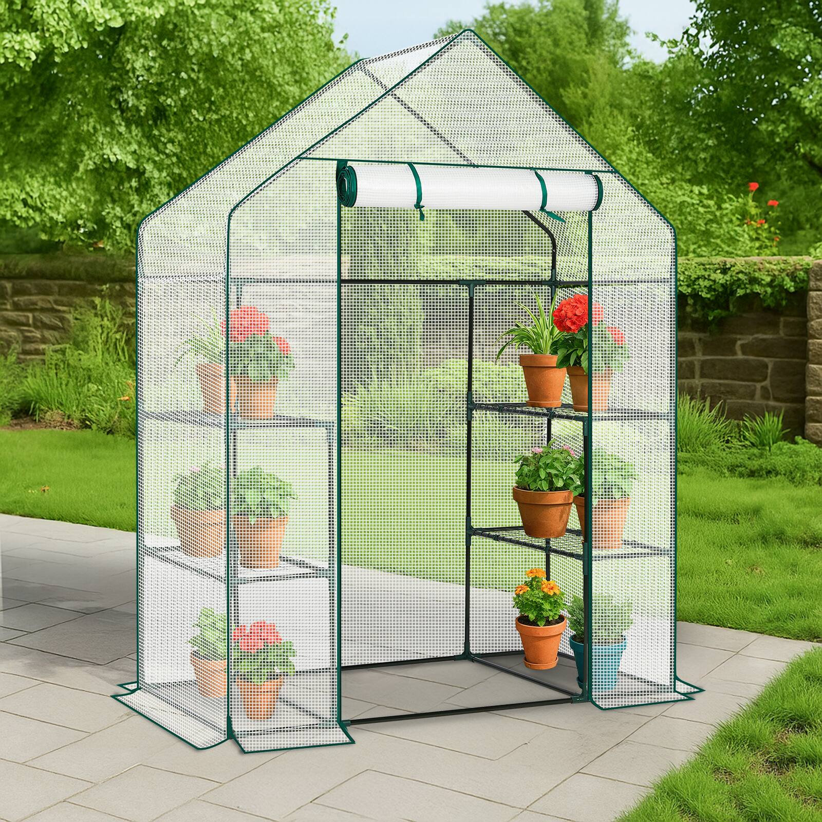Alt View 2. Winado - Mini Greenhouse, Small PE Plant Green House with 4 Tiers Rack, Shelf Clips, Roll-up Zipper Door, Gardening Supplies.