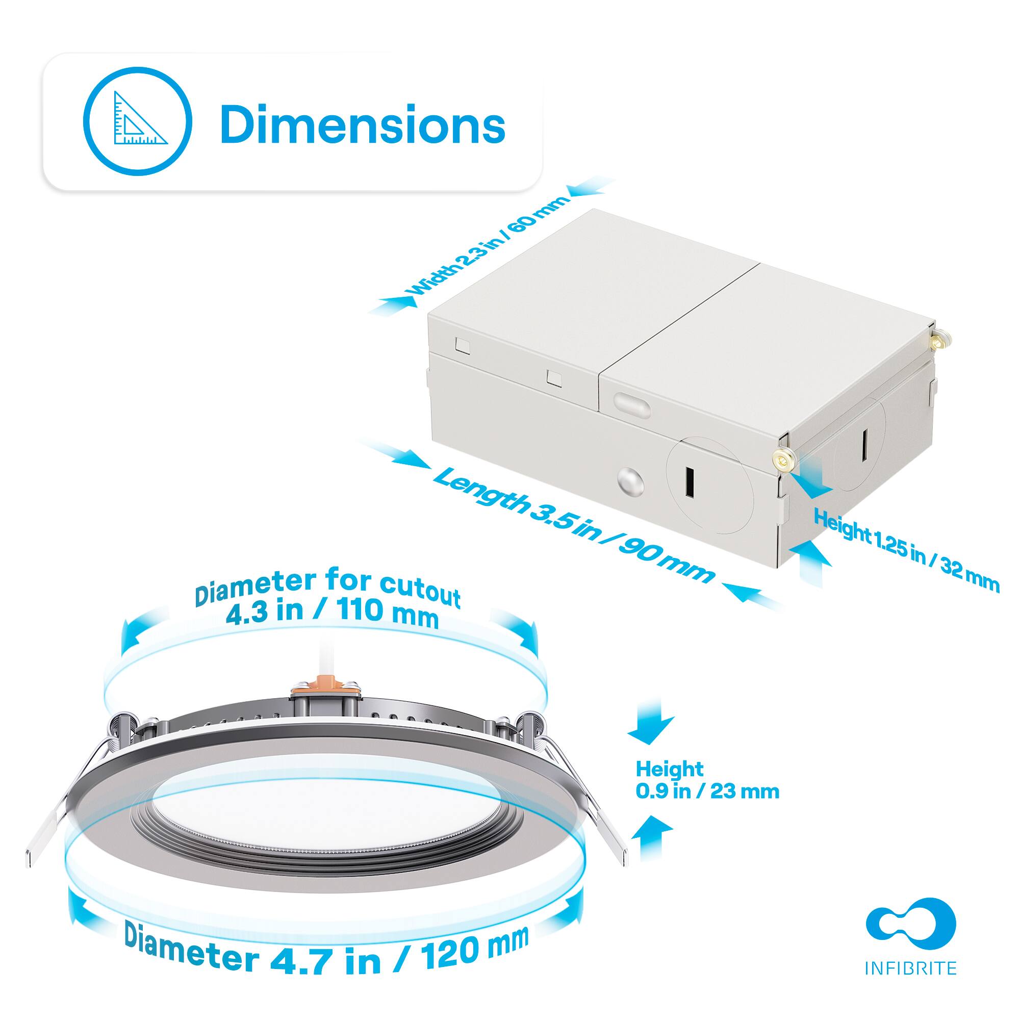 Dimensions

- Width: 23 in / 60 mm
- Length: 3.5 in / 90 mm
- Height: 1.25 in / 32 mm

Diameter for cutout: 4.3 in / 110 mm

Diameter: 4.7 in / 120 mm

Height: 0.9 in / 23 mm

INFIBRITE