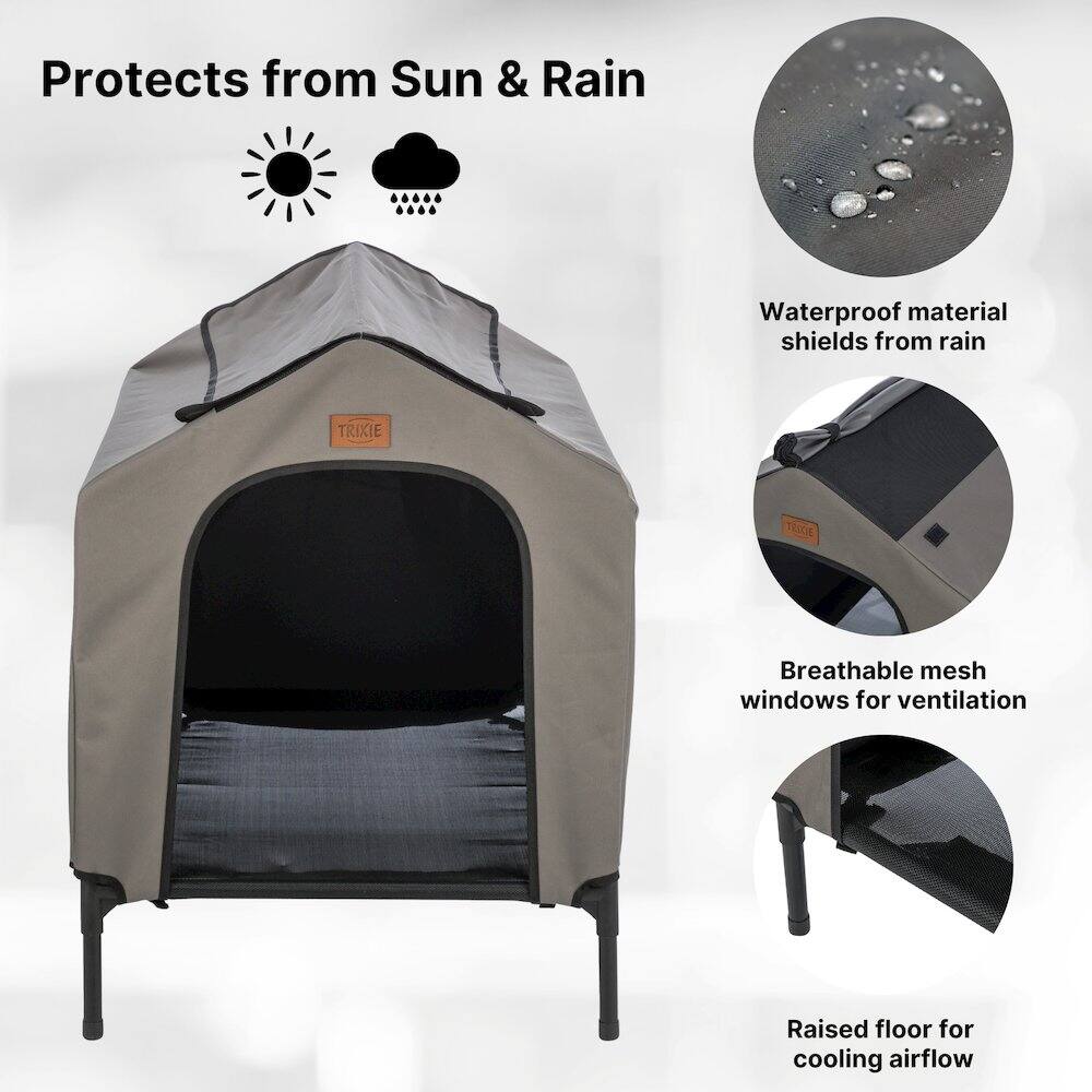 Protects from Sun & Rain  
Waterproof material shields from rain  
Breathable mesh windows for ventilation  
Raised floor for cooling airflow