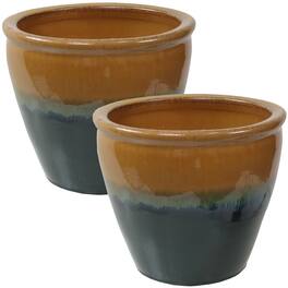 Sunnydaze - 12 in Chalet Glazed Ceramic Planter - Set of 2 - Forest Lake Green
