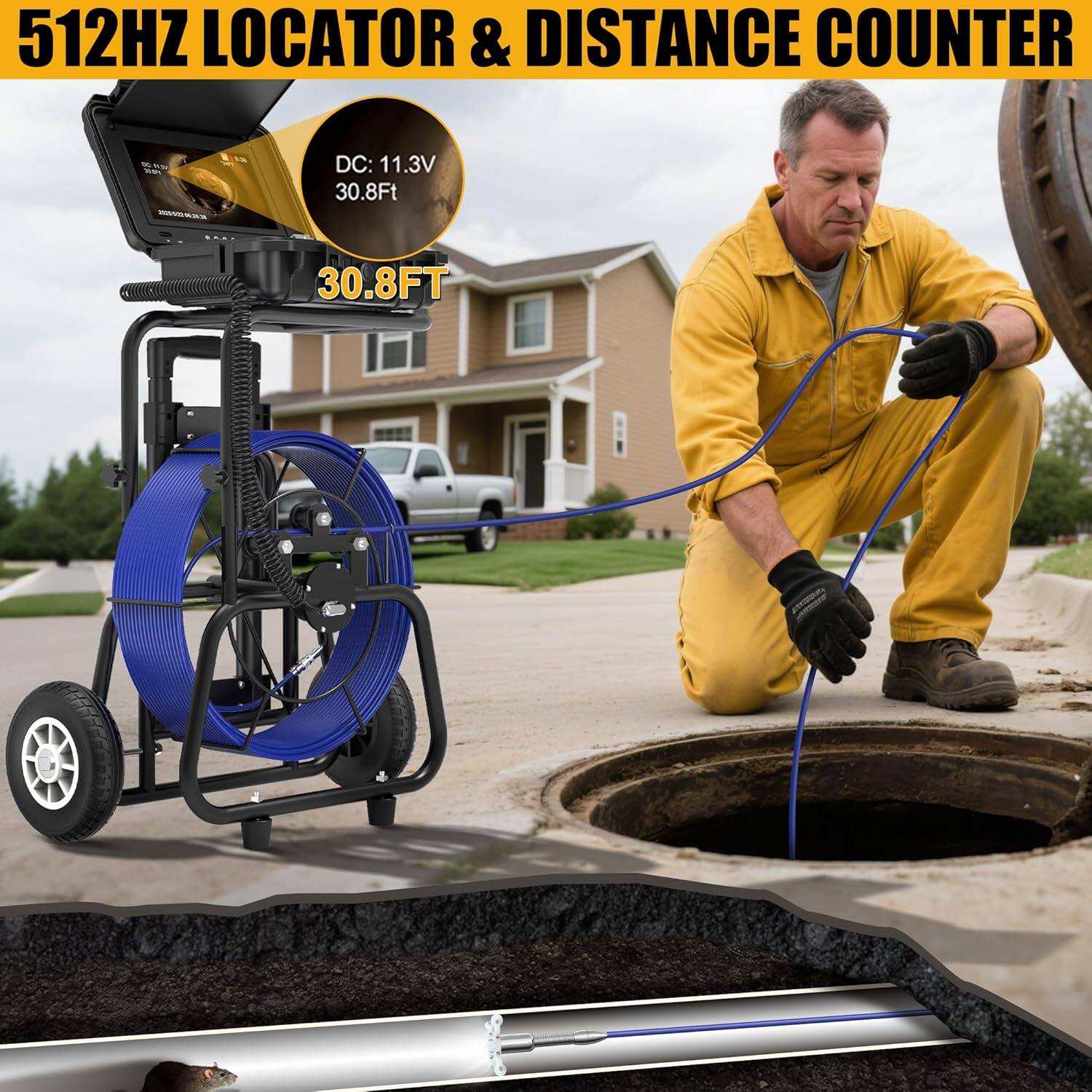 Left. Aukfa - Sewer Camera - 10" HD Borescope with Self-Leveling, IP68, 250Ft 7MM Cable, DVR, 32GB.