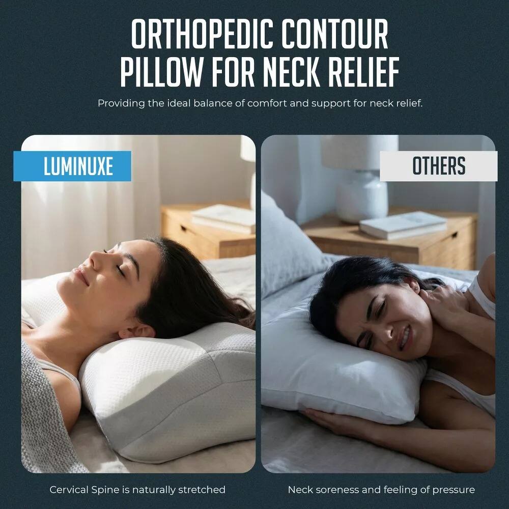 ORTHOPEDIC CONTOUR PILLOW FOR NECK RELIEF  
Providing the ideal balance of comfort and support for neck relief.

LUMINUXE  
Cervical Spine is naturally stretched

OTHERS  
Neck soreness and feeling of pressure