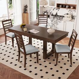 LUCKY ONE - 5-Piece Farmhouse Set with 18" Leaf, 78" Extendable Dining Table and 4 Chairs - Beige,Walnut