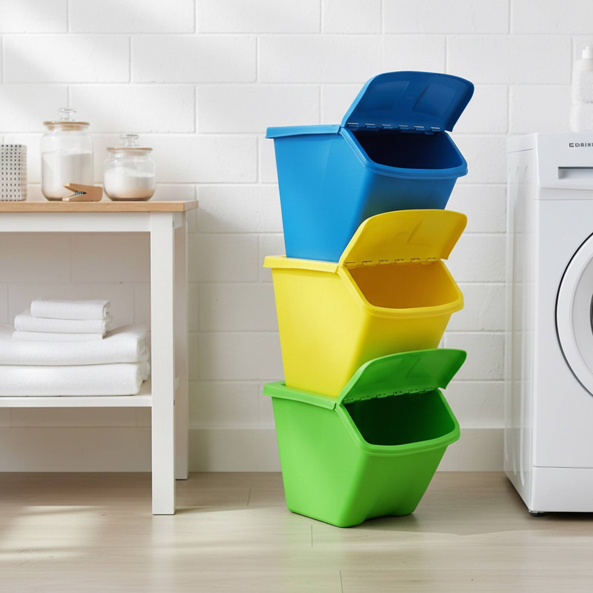 Alt View 3. Redmon - Redmon 10-Gal Stackable Shutter Bins, 3-Piece Recycling Storage Set, Multi-Color - Multicolor.