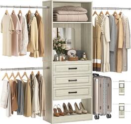 Aheaplus - 48'' - 96'' W Closet System with Mirror, 8FT Walk in Closet Organizer Kits with 3 Drawers & 3 Extendable Hanging Rods - Beige Oak