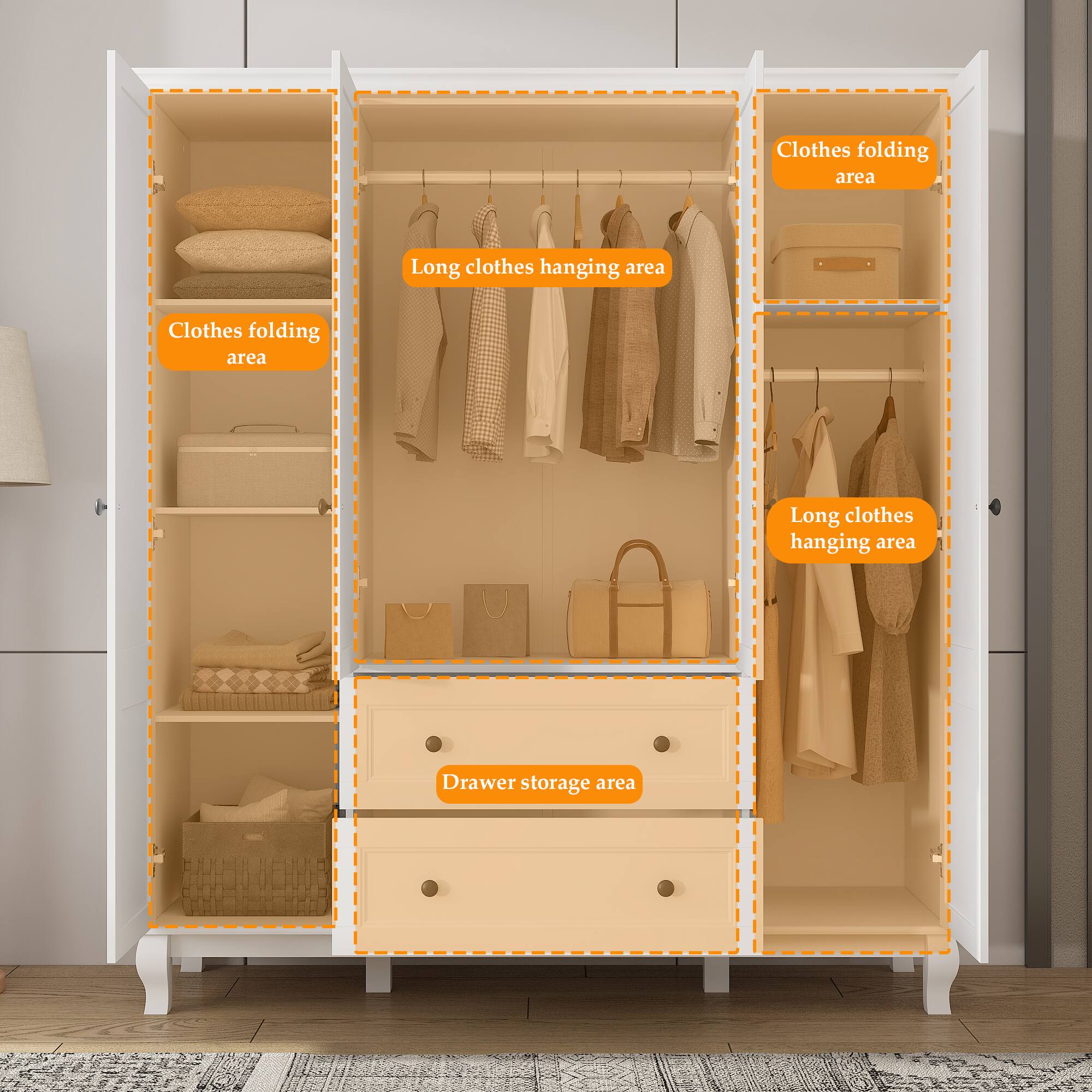 - Clothes folding area
- Long clothes hanging area
- Drawer storage area
- Clothes folding area
- Long clothes hanging area
- Hanging area