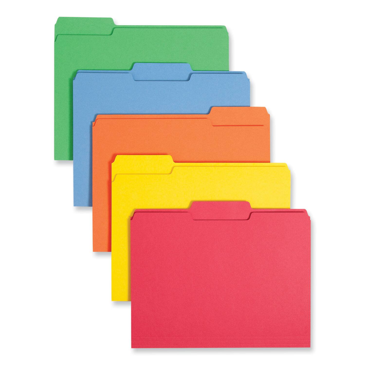 Front. Smead Manufacturing - Colored File Folders, : Assorted, Letter Size, 0.75" Expansion, Assorted: Blue/Green/Orange/Red/Yellow, 100/Box.