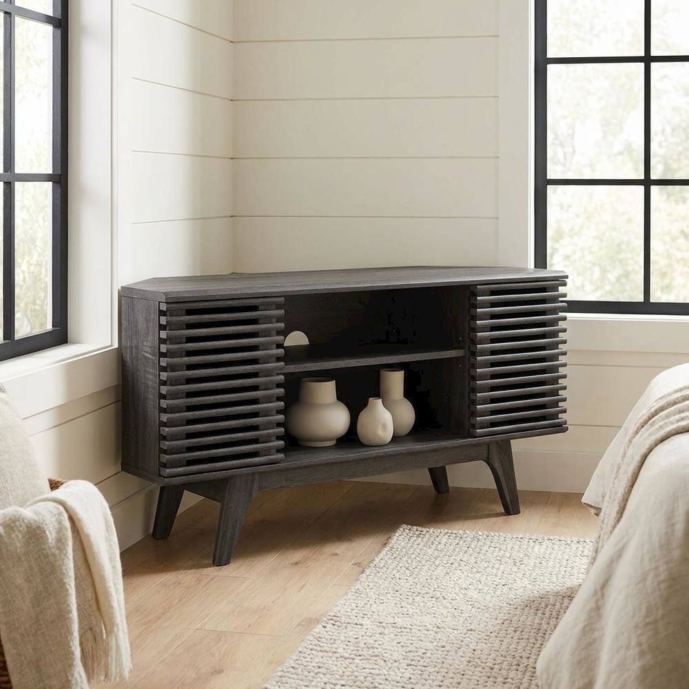 Left. FurniFact - Gray wood corner TV stand with sleek design and sturdy construction - Gray.