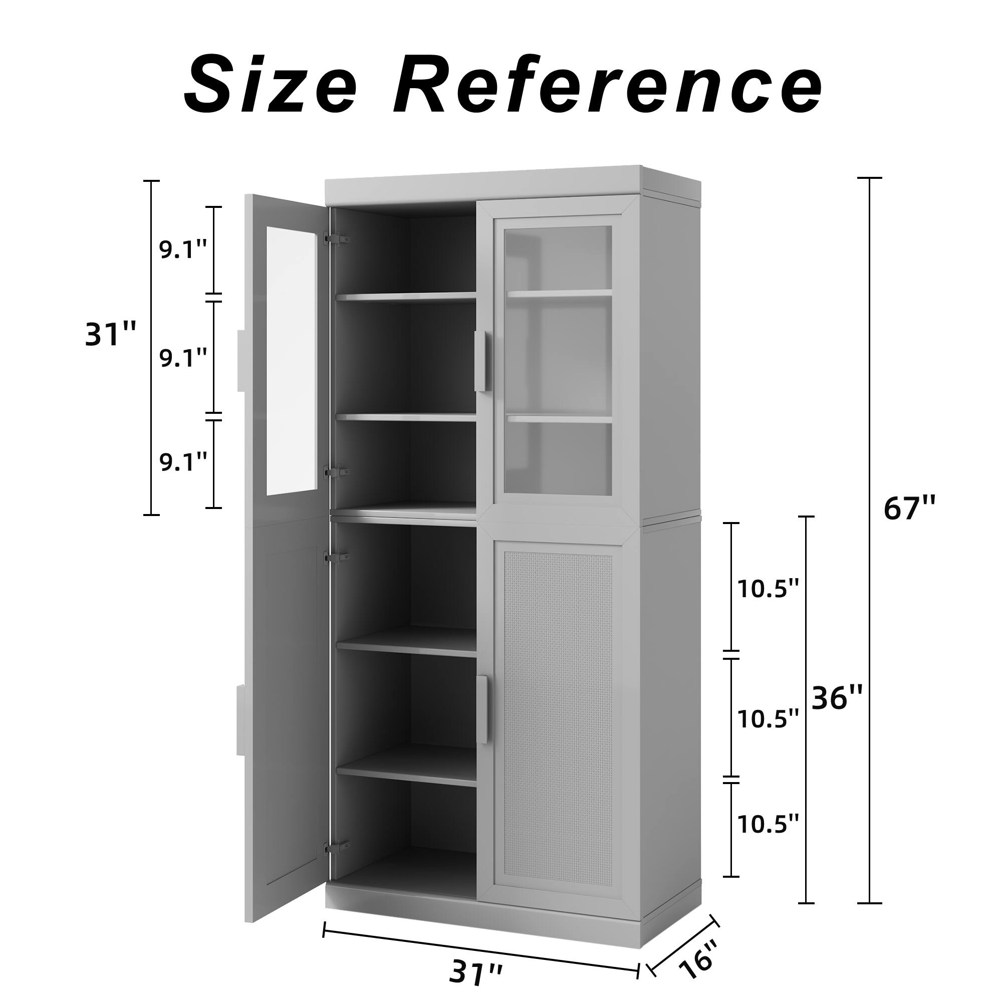 Size Reference

- Height: 67"
- Width: 36"
- Depth: 16"
- Door Height: 31"
- Door Width: 9.1"
- Shelf Height: 10.5"
- Shelf Spacing: 10.5"
- Shelf Depth: 10.5"
- Total Width: 31"