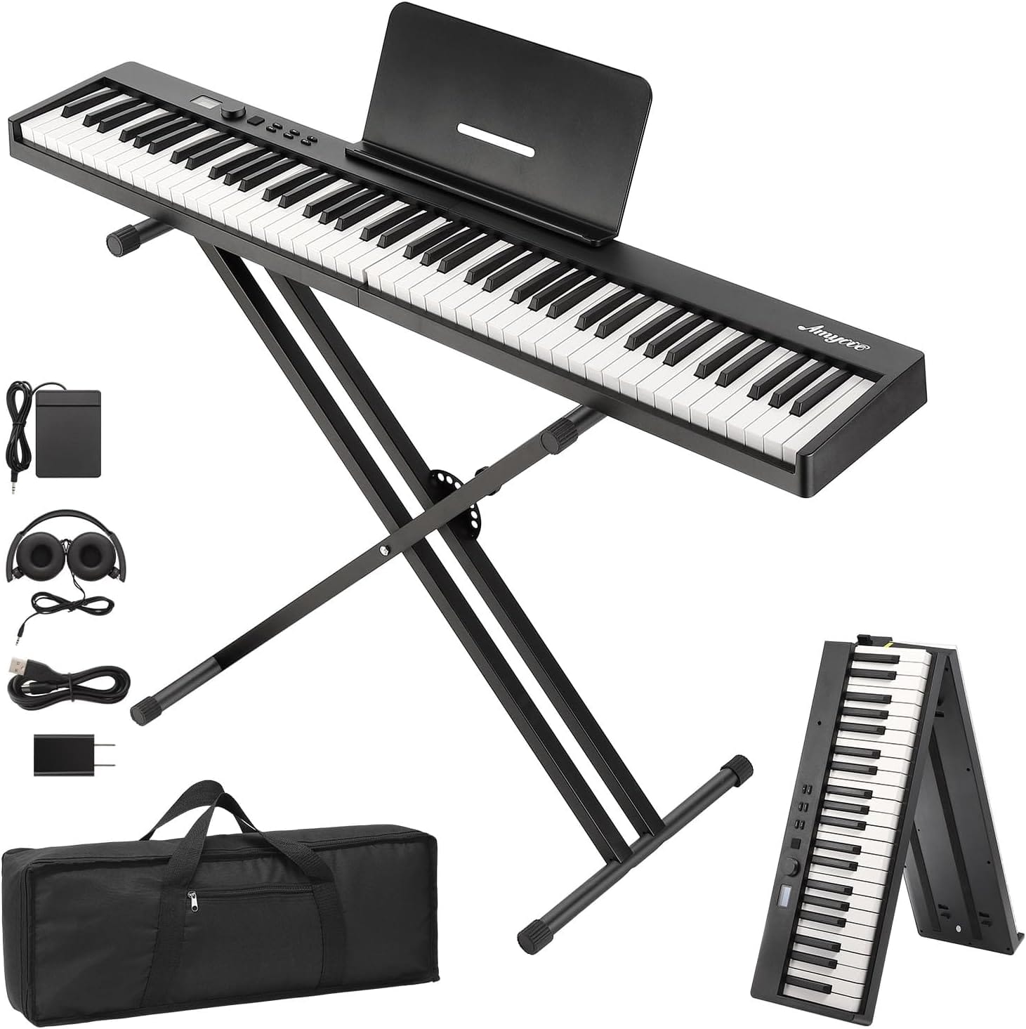 GARVEE - 88-Key Full Size Portable Folding Electronic Keyboard Piano with Bluetooth, Speakers, Bag, Headphones & Adapter
