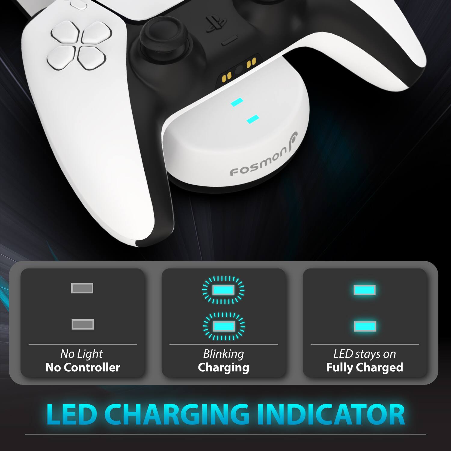fosmon = No Light No Controller Blinking Charging LED stays on Fully Charged LED CHARGING INDICATOR