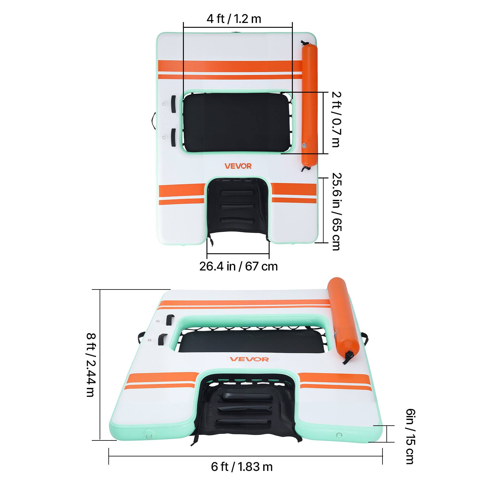 4 ft / 1.2 m  
2 ft / 0.7 m  
26.4 in / 67 cm  
8 ft / 2.44 m  
6 ft / 1.83 m  
6 in / 15 cm