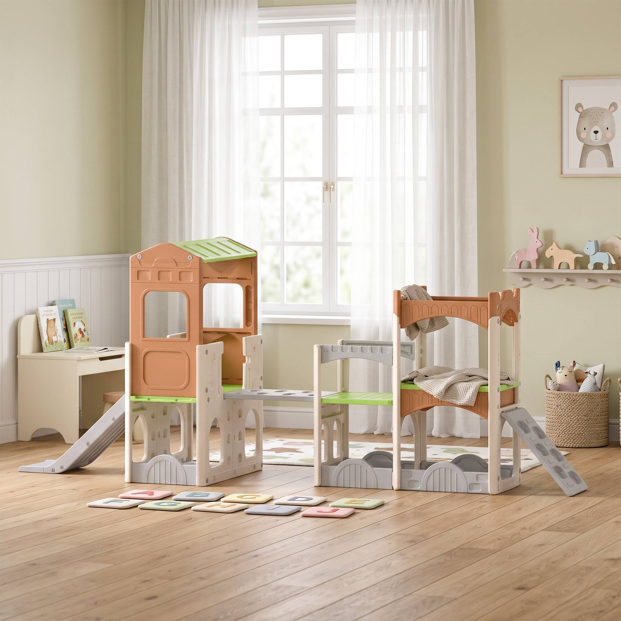 Alt View 8. Qaba - in 1 Toddler Slide Set with Balance Bridge, Playhouse, Climber, Storage - Beige, Gray, Light Green.