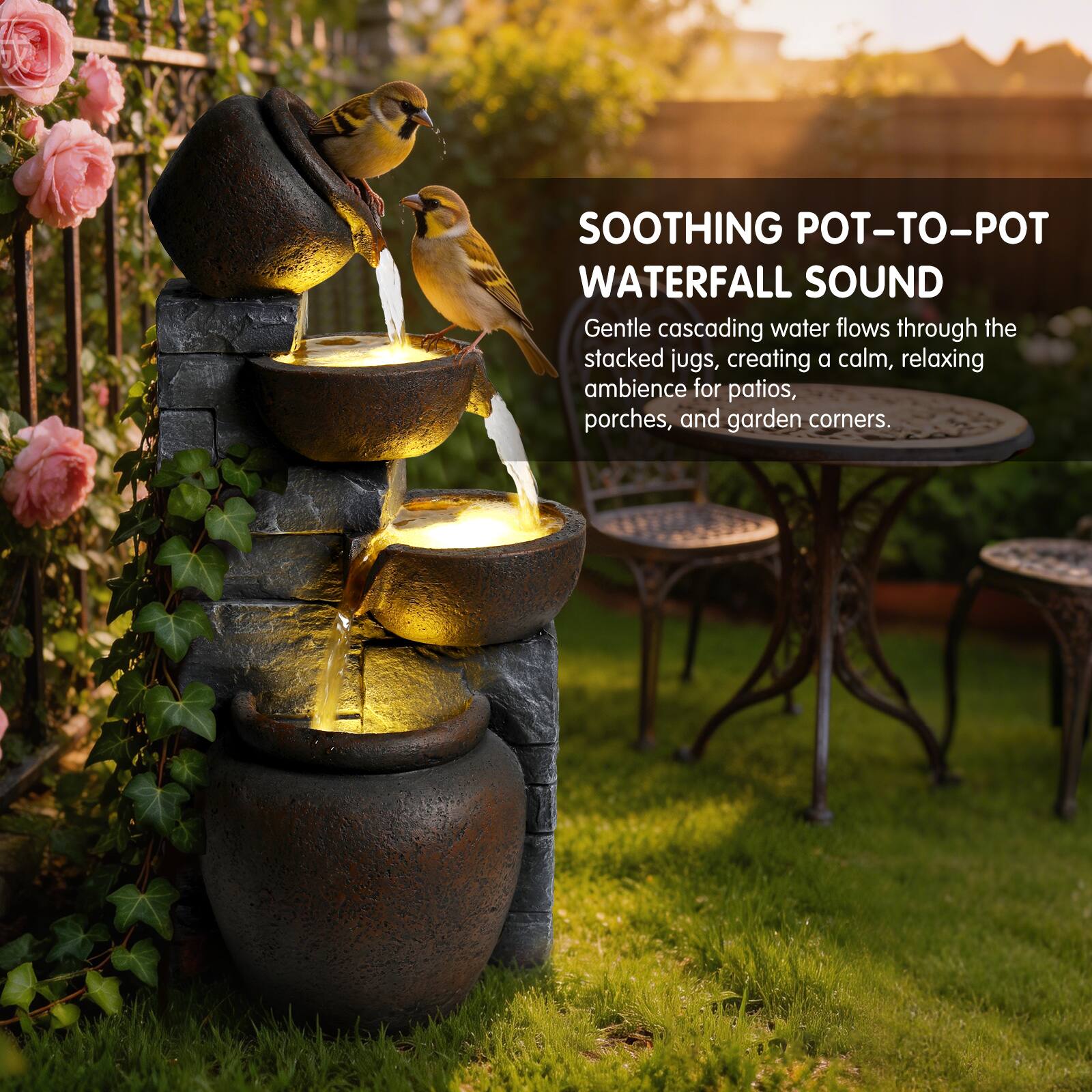 SOOTHING POT-TO-POT WATERFALL SOUND

Gentle cascading water flows through the stacked jugs, creating a calm, relaxing ambience for patios, porches, and garden corners.