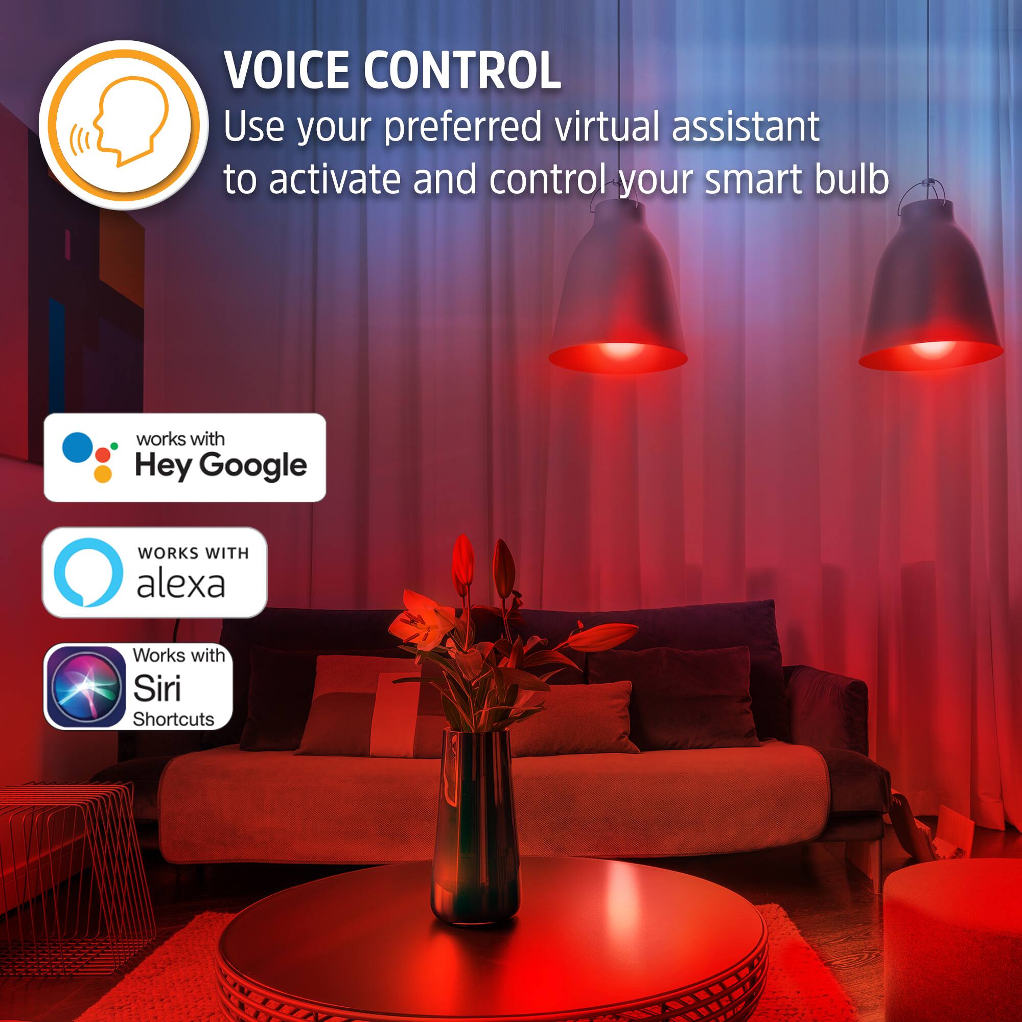 VOICE CONTROL  
Use your preferred virtual assistant to activate and control your smart bulb

- works with Hey Google
- WORKS WITH alexa
- Works with Siri Shortcuts