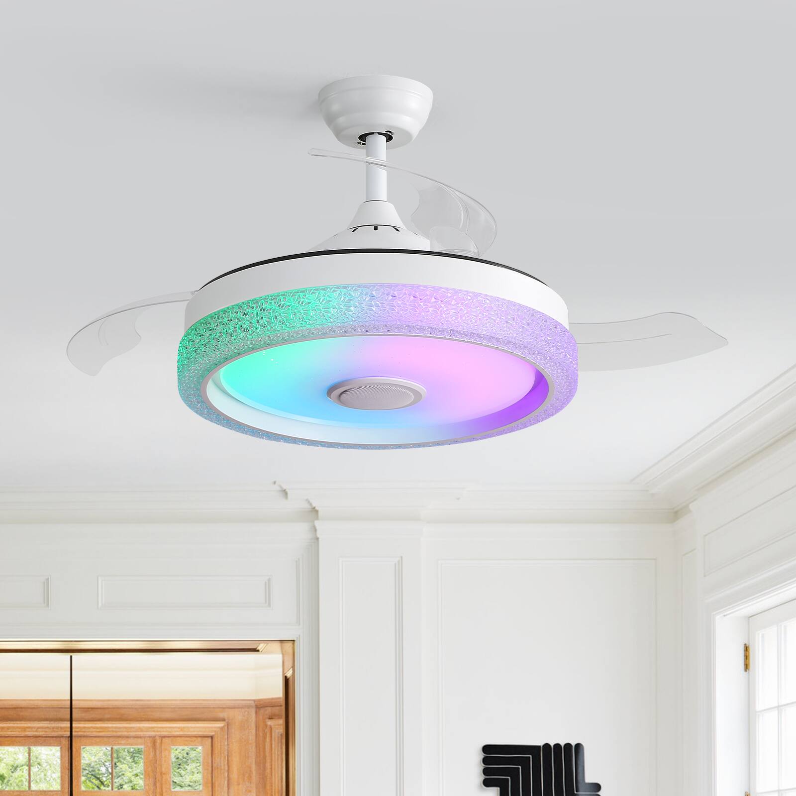 Alt View 1. Sofucor - 42'' RGB LED Ceiling Fan with Light and Remote Retractable Ceiling Fan Dimmable Adjustable Wind Speed with Music Speaker - White.