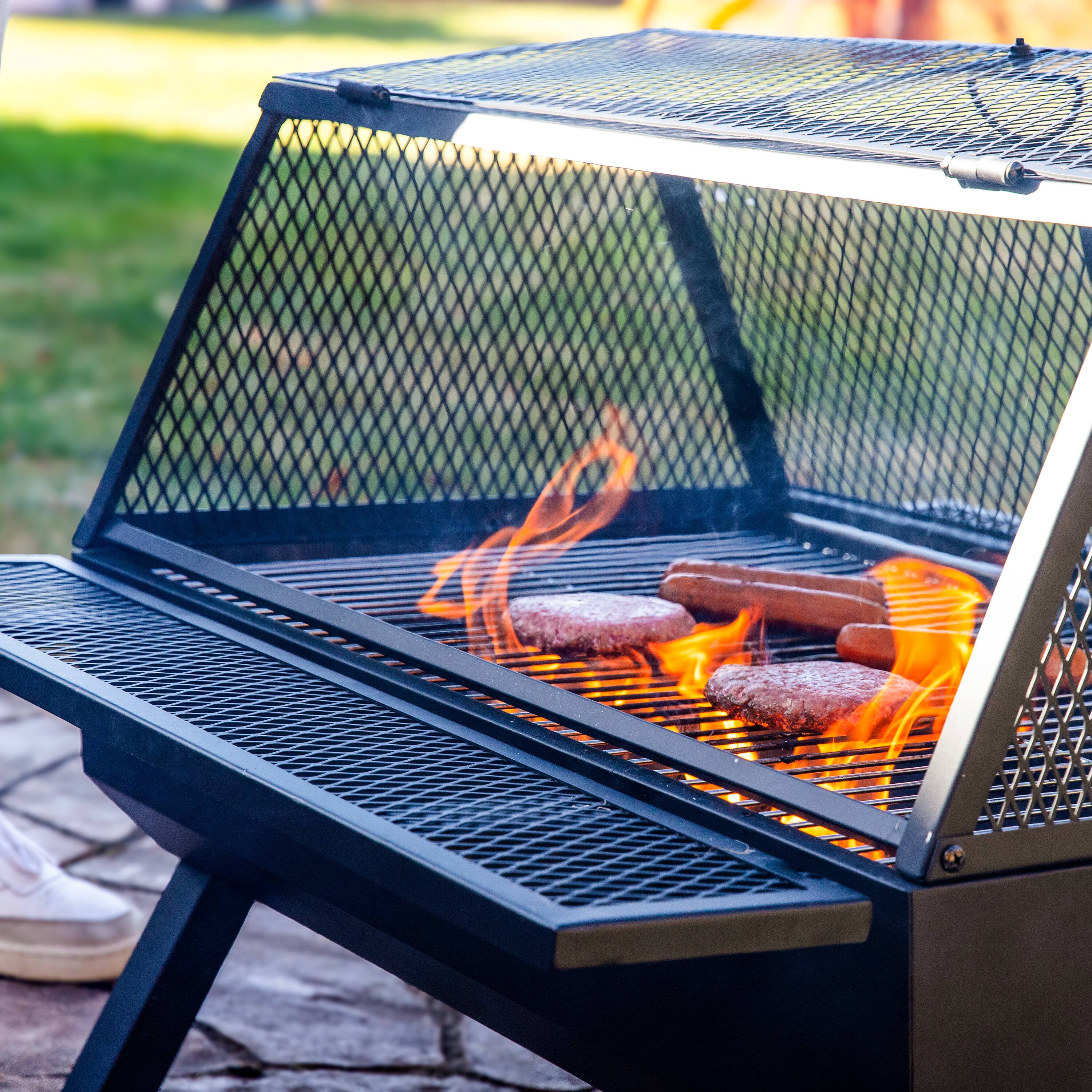 Alt View 8. Sunnydaze - Steel Grilling Fire Pit with Cooking Grate and Spark Screen - Black.