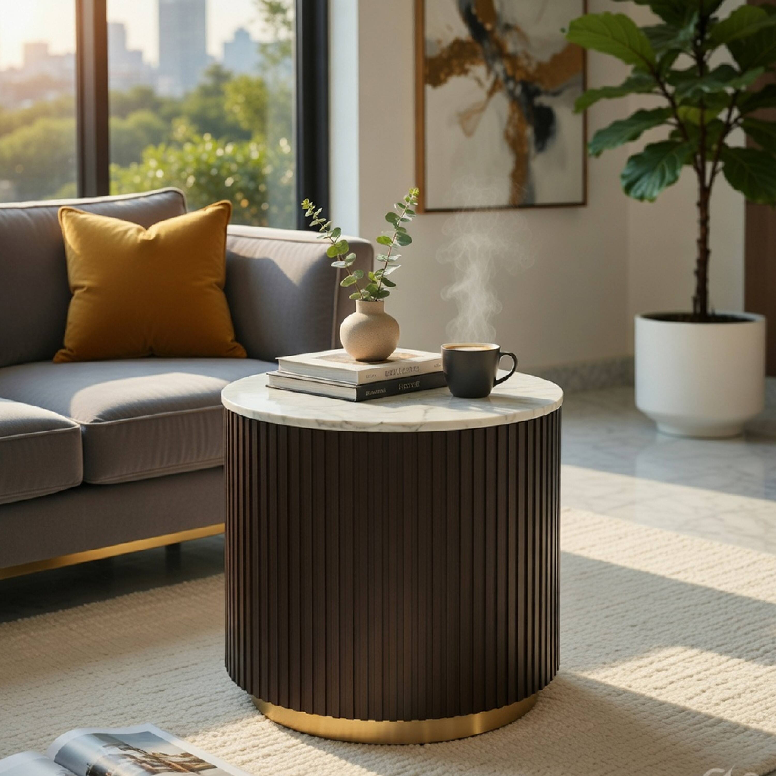 Alt View 8. Manhattan Lane - Jeh Side End Table, Faux Marble Top, Metal Trim, Fluted Brown Wood 20 Inch - White, Espresso Brown, Gold.