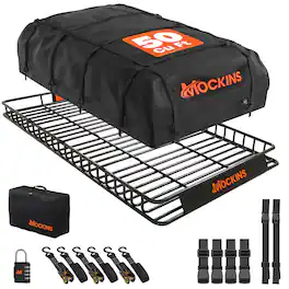Mockins - 90 in. x 50 in. x 5 in. XXL Roof Rack Basket with 50 Cu Ft. Rooftop Cargo Bag (85 in. x 50 in. x 20 in.) & Accessories