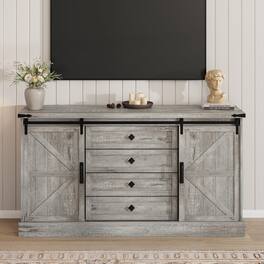 Qeetex - 58.7" Farmhouse TV Stand for 65 Inch TV, Sliding Barn Doors, 4 Drawers, Adjustable Shelves - Gray