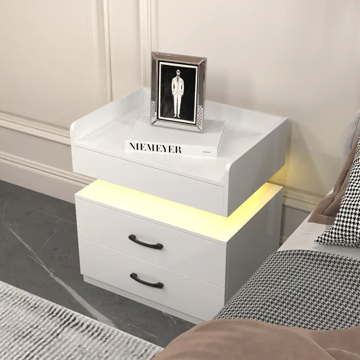 Front. Loheer - Loheer White Nightstand with Adjustable LED Strip Light, Two Drawer Bedside Table - White.