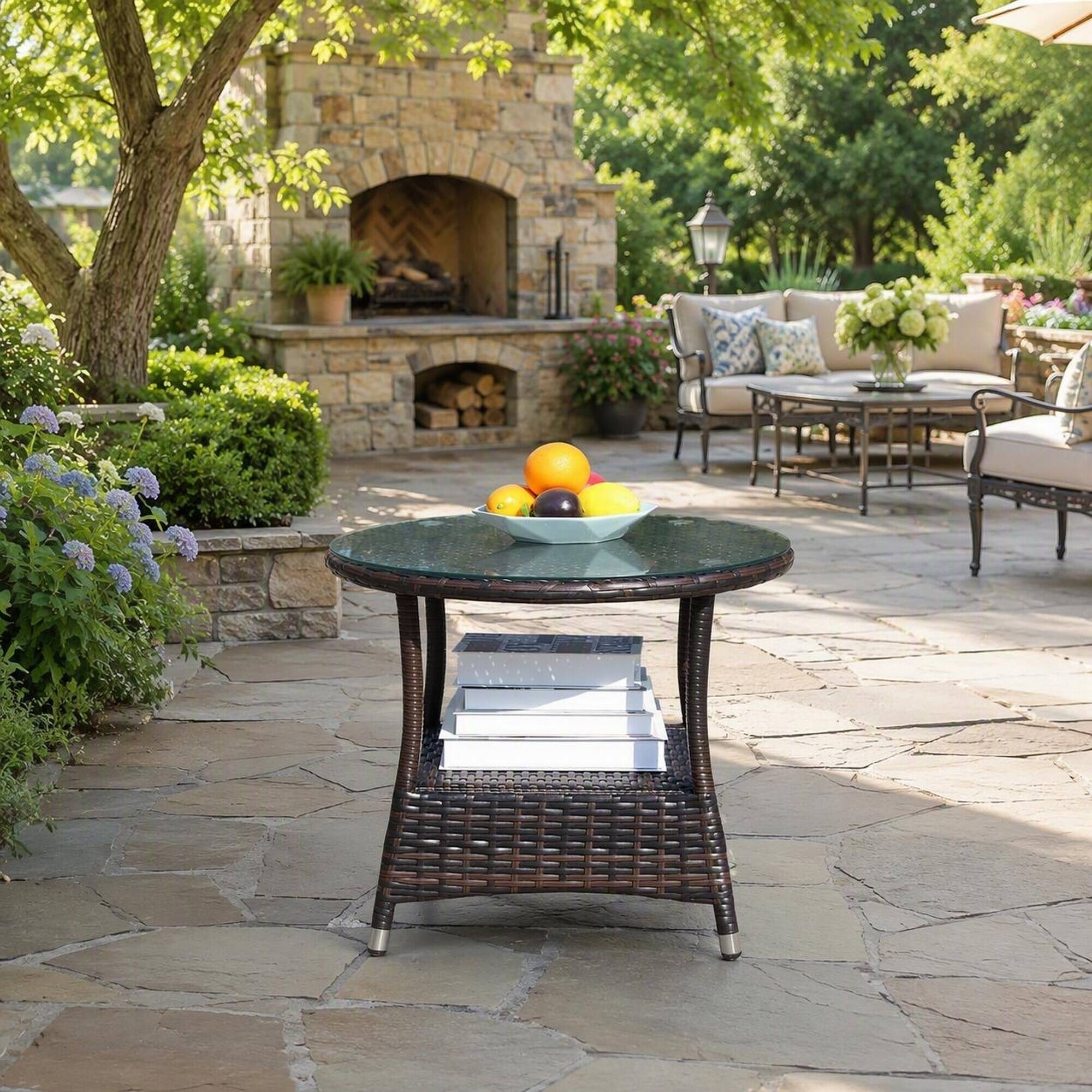 Angle. RYHNUYNE - Round Patio Coffee Table with Clear Tempered Glass Top for Outdoor Garden Balcony and Poolside Seating Areas - Brown.