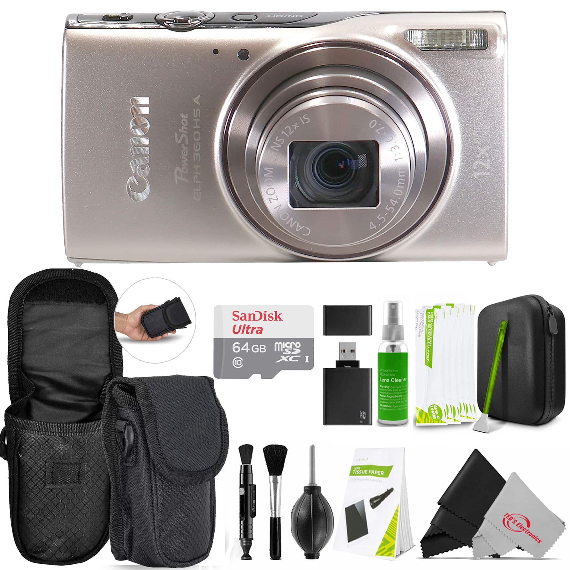 Canon - PowerShot ELPH 360 HS A Digital Camera Basic Camera Bundle - Silver