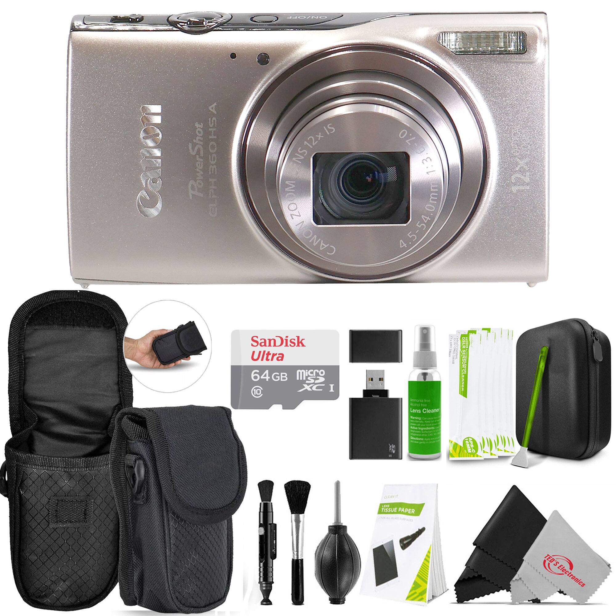 Canon PowerShot ELPH 360HS A  
12x Optical Zoom  
4.5-54.0mm  
1:3.6-5.9  
12x IS  
7.0 MP  
SanDisk Ultra 64 GB Micro SD  
Lens Cleaner  
Tissue Paper  
Electronics