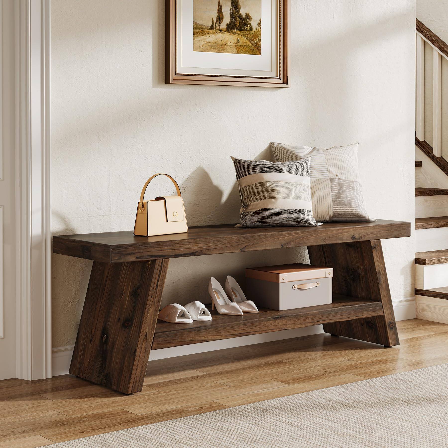Tribesigns Solid Wood Entryway Bench, 2 Tier Wood Storage Bench ...