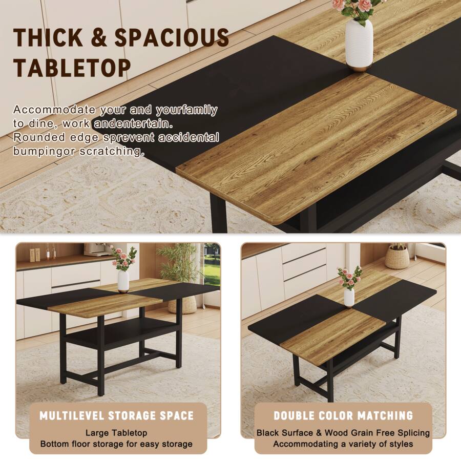 TinyHomie 71 x 35.4 inch Wooden And Black Spliced Dining Table With ...