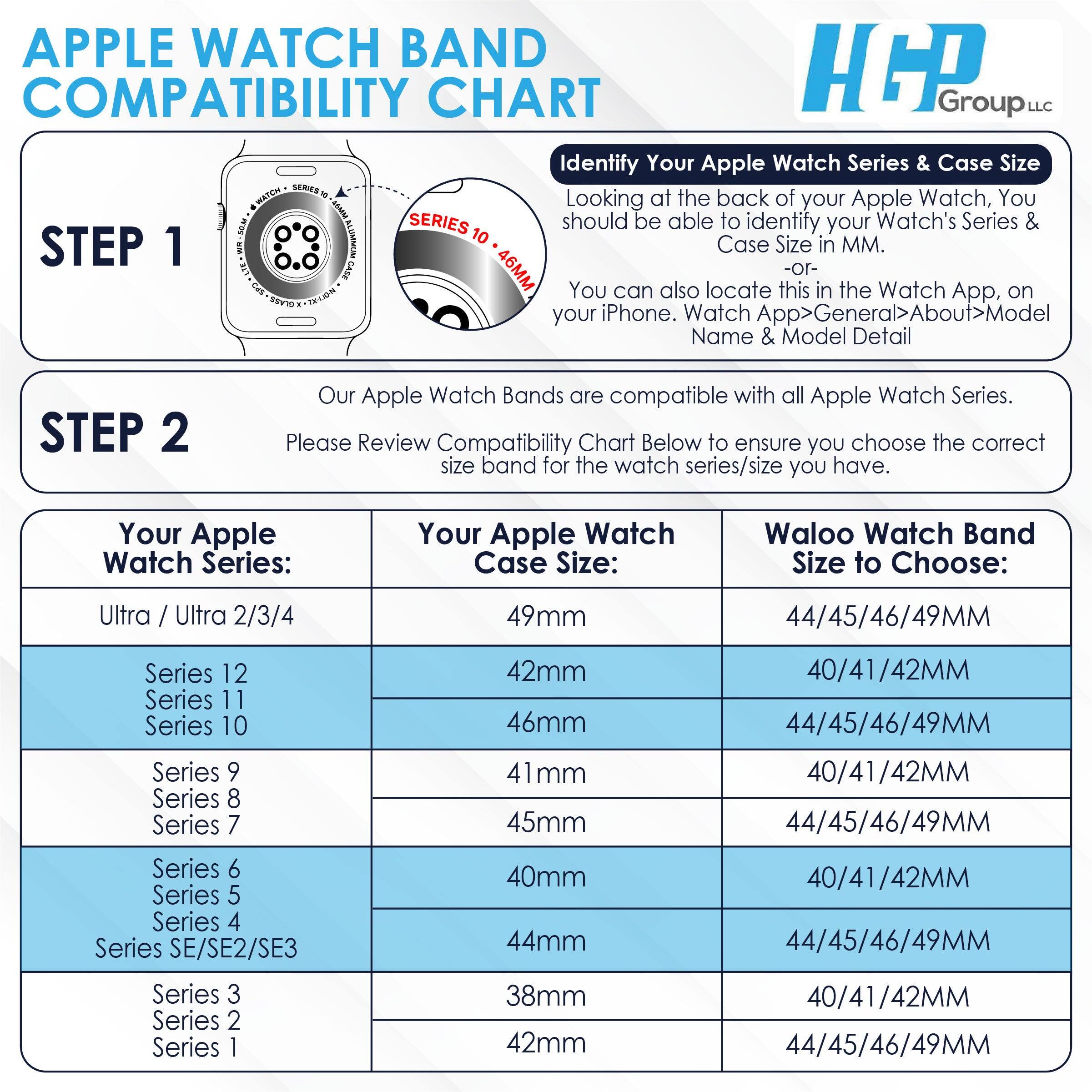APPLE WATCH BAND COMPATIBILITY CHART

Group Identify Your Apple Watch Series & Case Size

WATCH SERIES

Looking at the back of your Apple Watch, You should be able to identify your Watch's Series & Case Size in MM. You can also locate this in the Watch App, on iPhone. Watch App>General>About>Model Name & Model Detail

STEP 1

STEP 2

Our Apple Watch Bands are compatible with all Apple Watch Series. Please Review Compatibility Chart Below to ensure you choose the correct size band for the watch series/size you have.

Your Apple Watch Series: Your Apple Watch Case Size: Waloo Watch Band Size to Choose:

Ultra / Ultra 2/3/4 49mm 44/45/46/49MM

Series 12 42mm 40/41/42MM

Series 11 46mm 44/45/46/49MM

Series 10 41mm 40/41/42MM

Series 9 45mm 44/45/46/49MM

Series 8 40mm 40/41/
