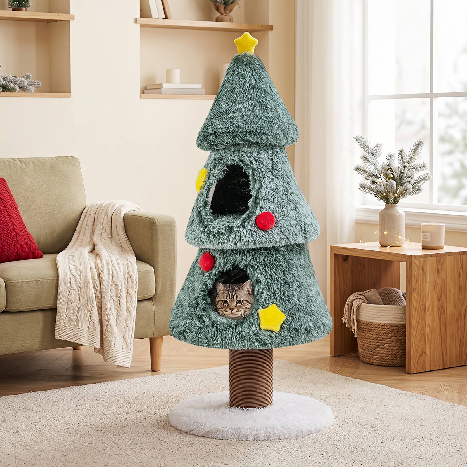 Alt View 4. Costway - Costway Christmas Cat Tree with 2 Condos, 50" Multi-level Cat Tower with Scratching Post - Green + White + Yellow + Red.