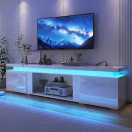 Espafurni - 90Inch Modern High Gloss TV Stand with Power Outlet Storage for up to 100" TVs - White
