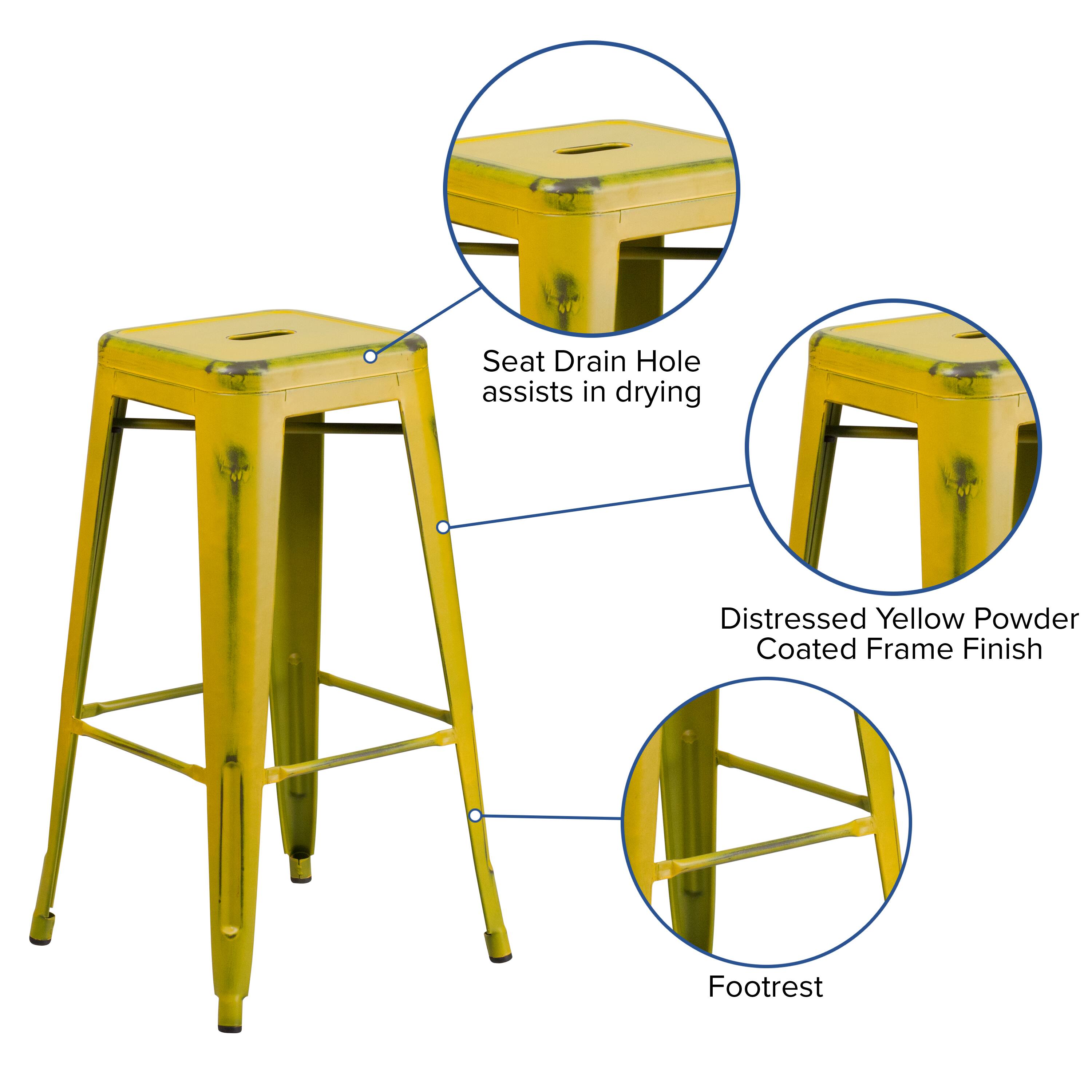 Seat Drain Hole assists in drying  
Distressed Yellow Powder Coated Frame Finish  
Footrest