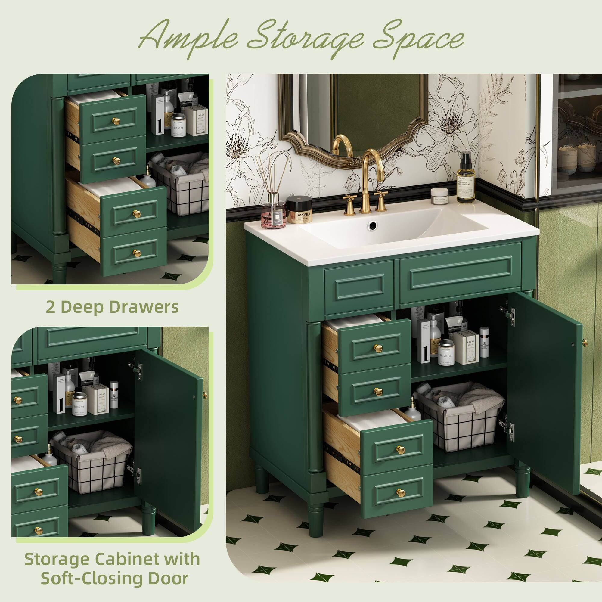 Ample Storage Space

2 Deep Drawers

Storage Cabinet with Soft-Closing Door