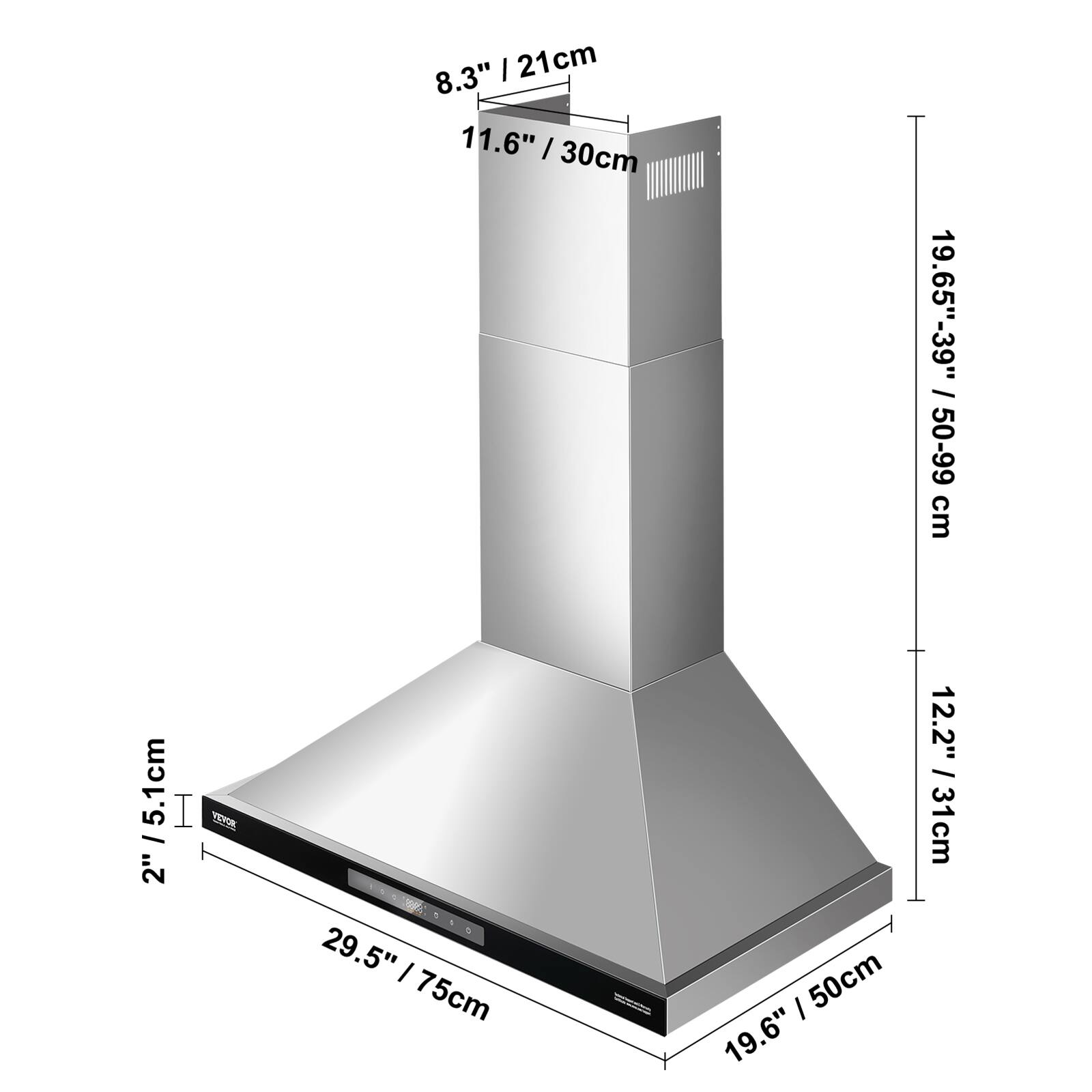 8.3" | 21cm  
11.6" | 30cm  
19.65"-39" | 50-99 cm  
2" | 5.1cm  
29.5" | 75cm  
19.6" | 50cm  
12.2" | 31cm