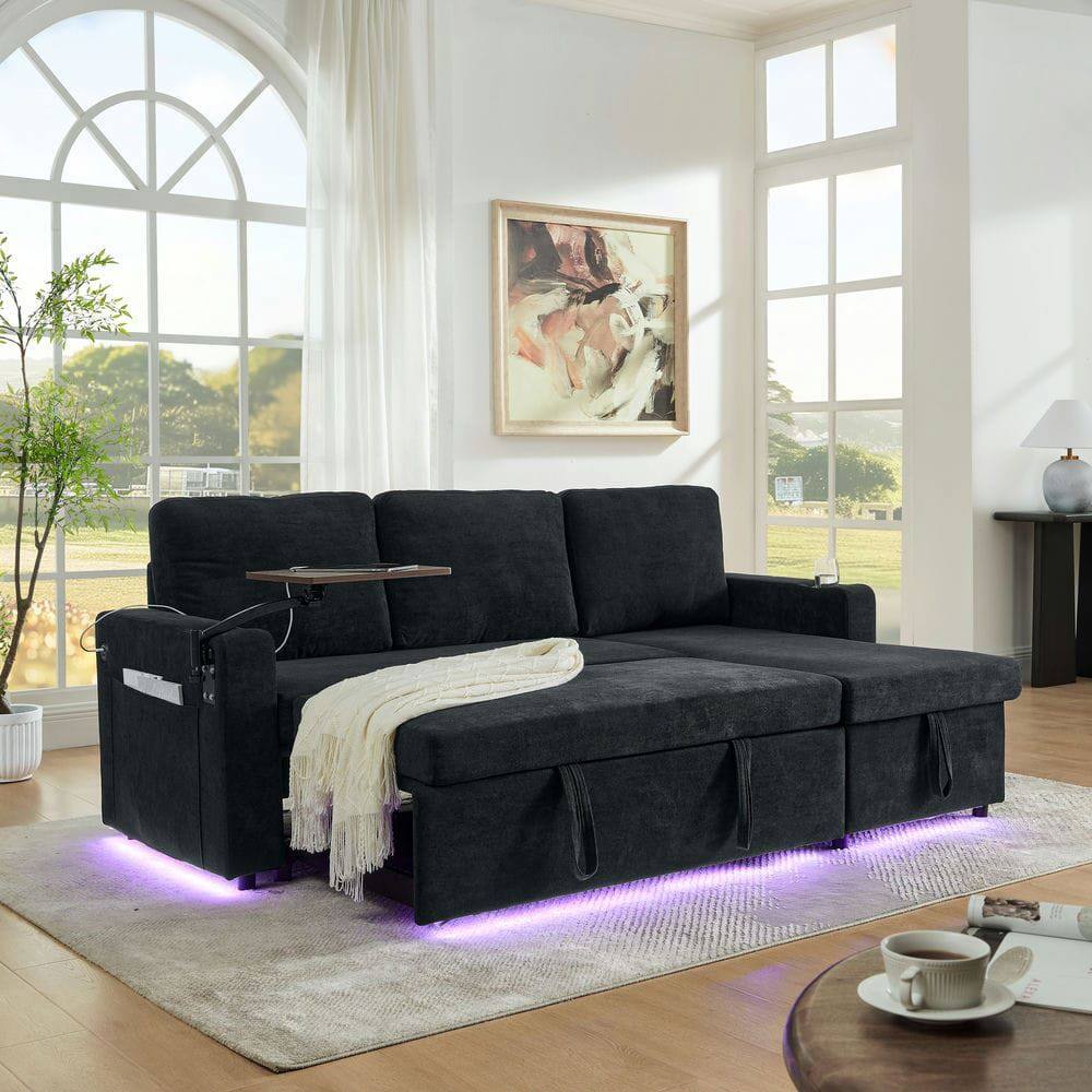 Alt View 2. Kadyn - Pull-Out Sleeper Sofa with Retractable Table, Features LED Lights, USB Ports, and Cup Holders, Black - Black.