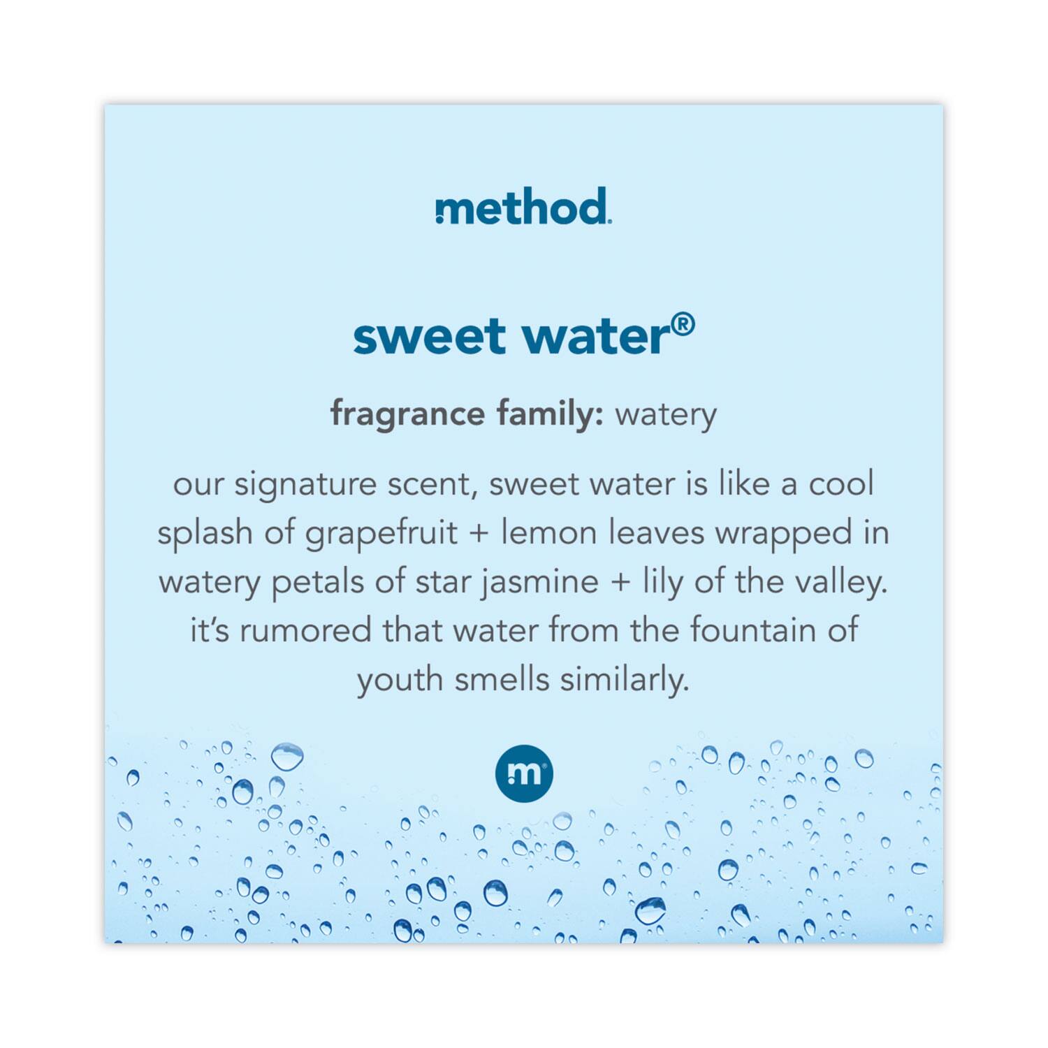 method.

sweet water®

fragrance family: watery

our signature scent, sweet water is like a cool splash of grapefruit + lemon leaves wrapped in watery petals of star jasmine + lily of the valley. it's rumored that water from the fountain of youth smells similarly.