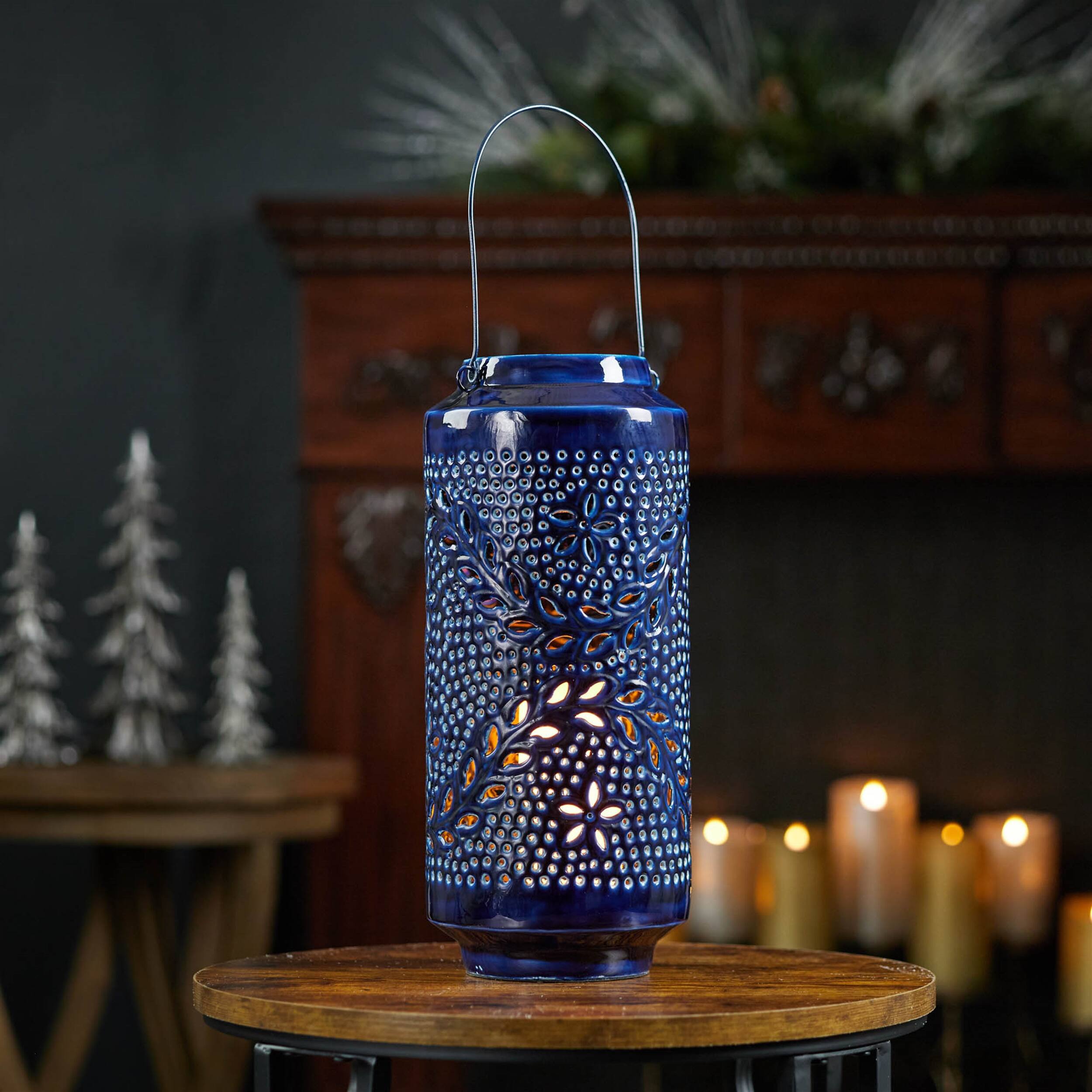 Angle. BreeBe - Snowflake Punched Metal Candle Lantern 15.5"H - Blue.